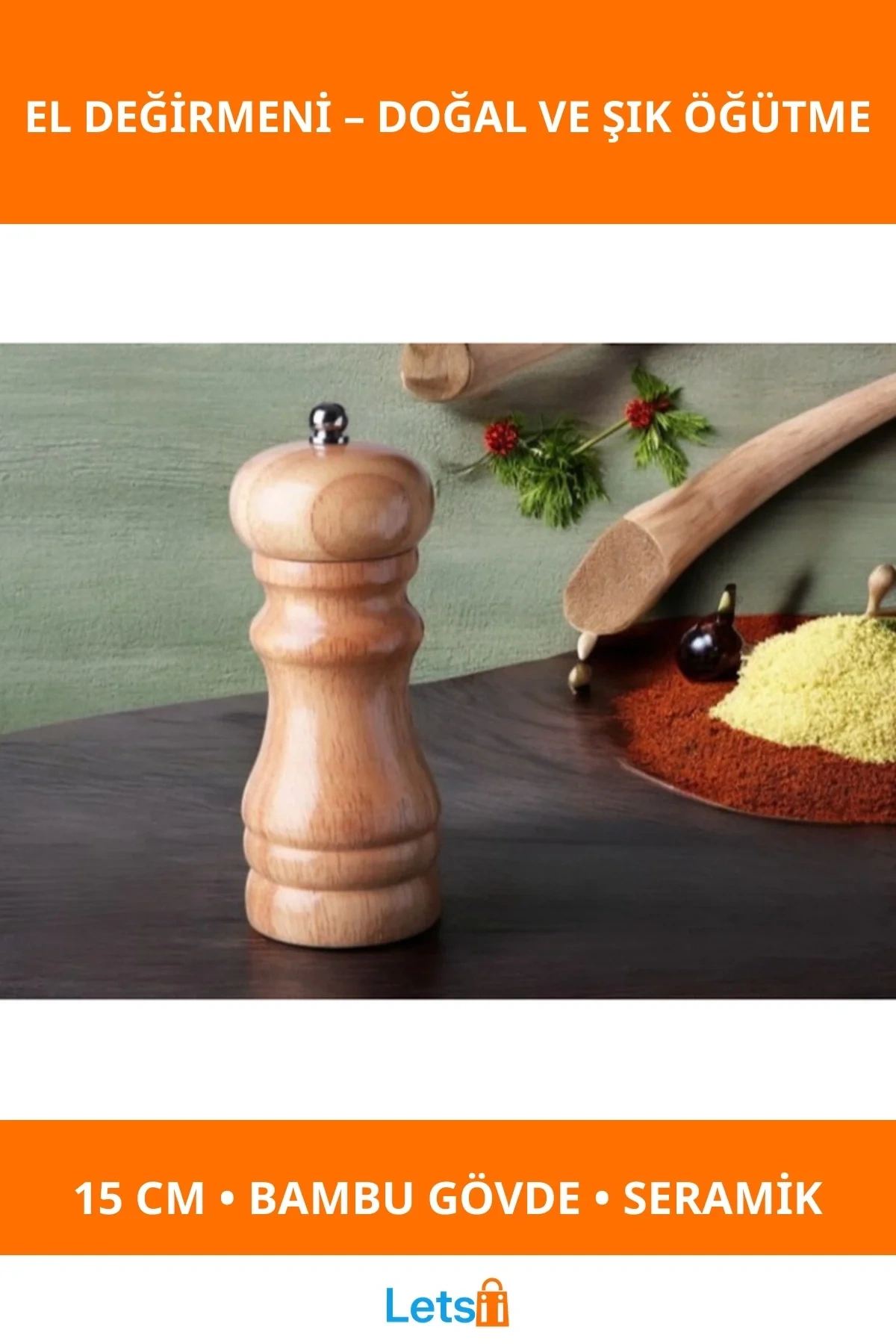 Doğal Bambu El Değirmeni 15 cm Ergonomik Tasarım Baharat Öğütücü