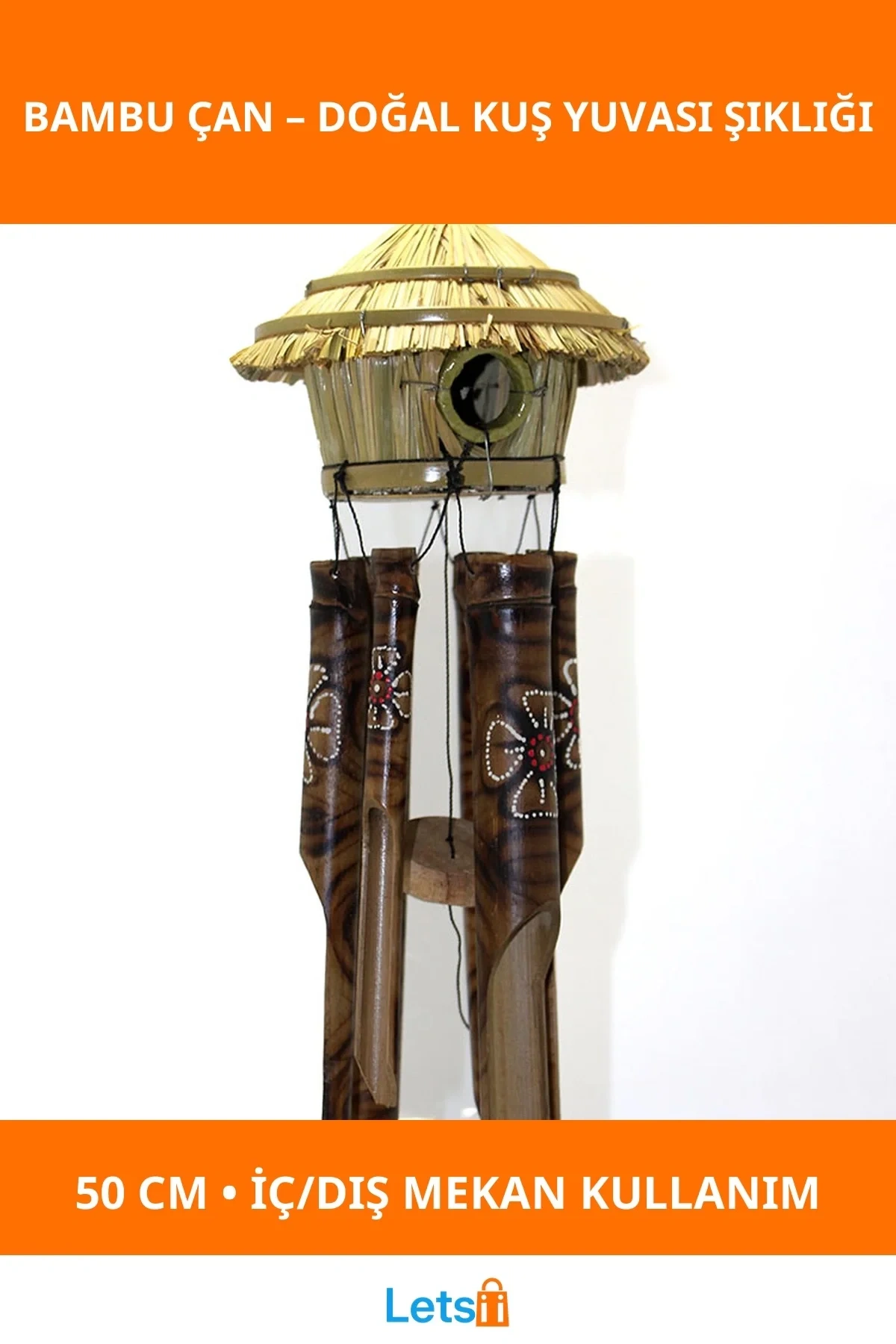 Doğal Bambu Hasır Kuş Yuvalı Çan 50 cm