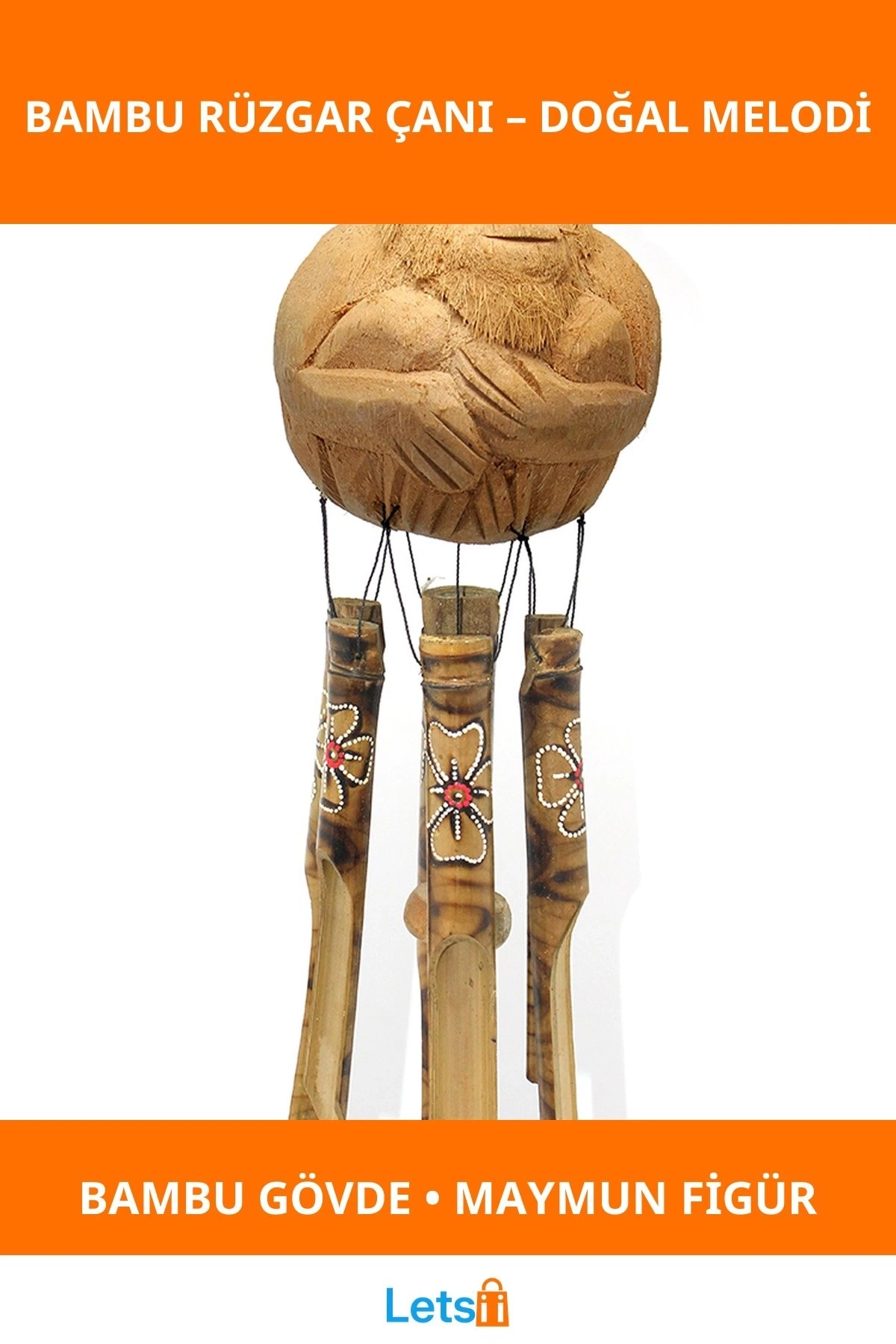 Doğal Bambu Maymun Figürlü Rüzgar Çanı