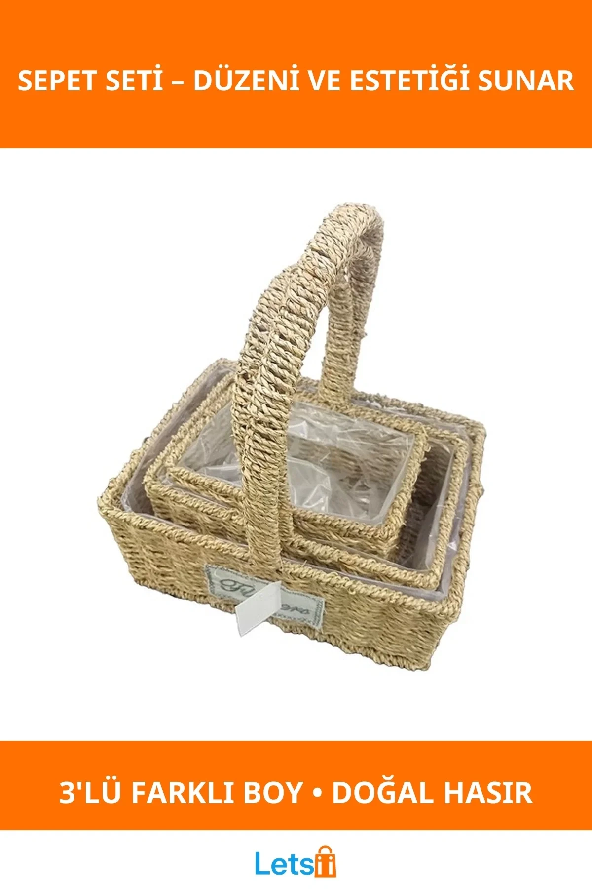 Doğal Hasır 3lü Kare Sepet Seti Saklama ve Dekorasyon