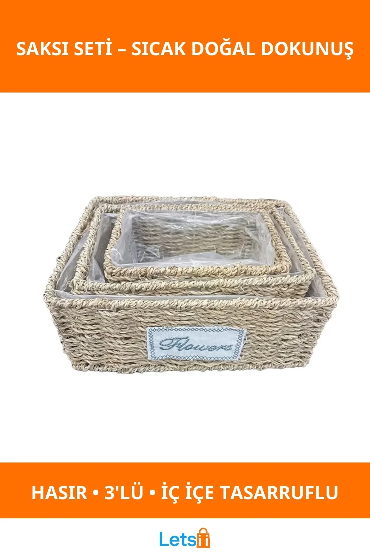 Doğal Hasır Dikdörtgen Saksı Seti 3 Parça Estetik Dekorasyon