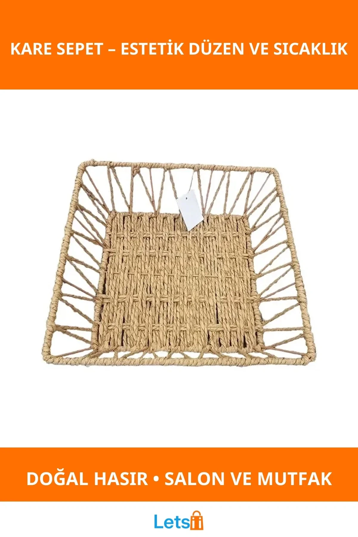 Doğal Hasır Kare Sepet 25x25 cm Mutfak ve Salon Düzenleyici