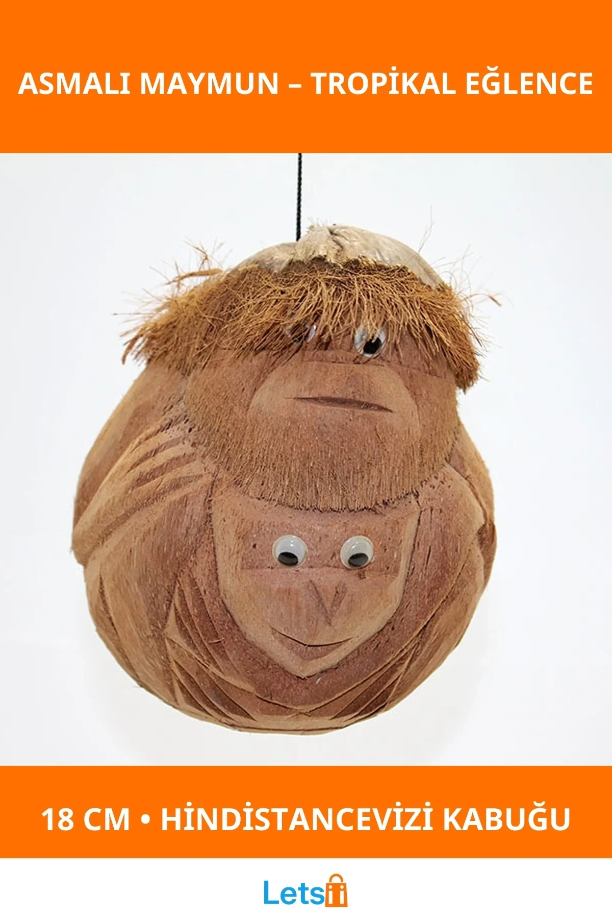 Doğal Hindistancevizi Asmalı Maymun 18 cm Dekoratif Figür