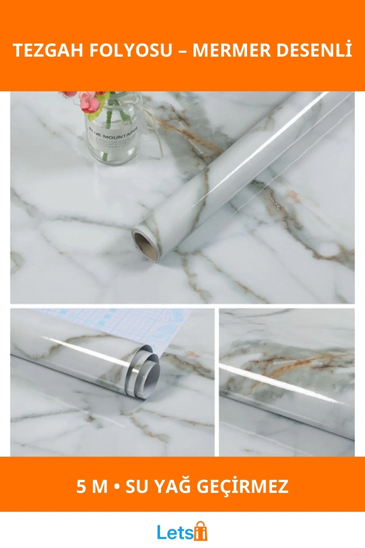 Doğal Mermer Desenli Su Geçirmez Yapışkanlı Tezgah Folyosu 5m 60cm
