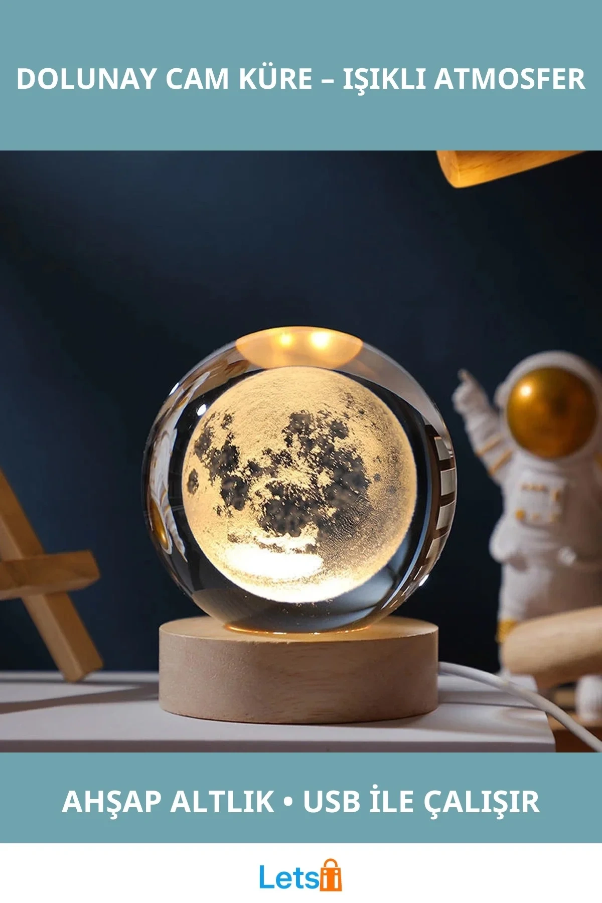 Dolunay Tasarımlı Ahşap Altlıklı Işıklı Cam Küre 6 cm