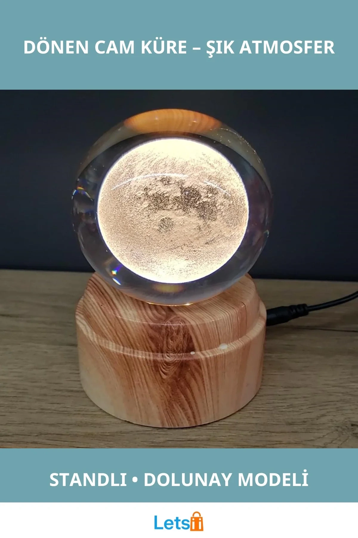 Dolunay Tasarımlı Dönmeyen Cam Küre USB Standlı 8 cm