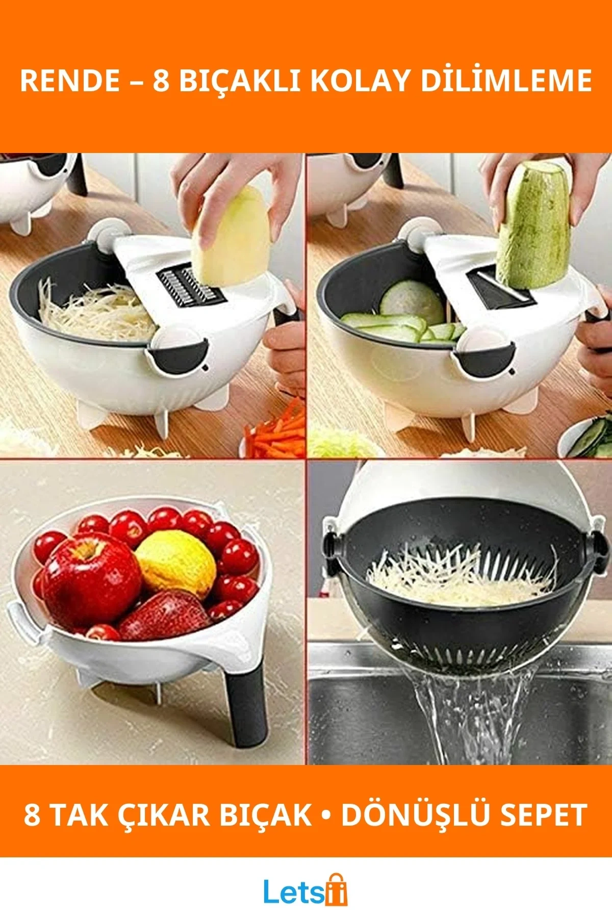 Döner Pratik Mutfak Rendesi 8 Farklı Bıçakla Sebze Meyve Rendeleme Aleti