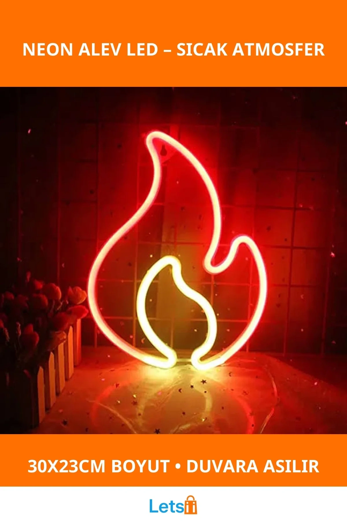 Duvara Asmalı Modern Neon Alev LED Işık 30x23 cm