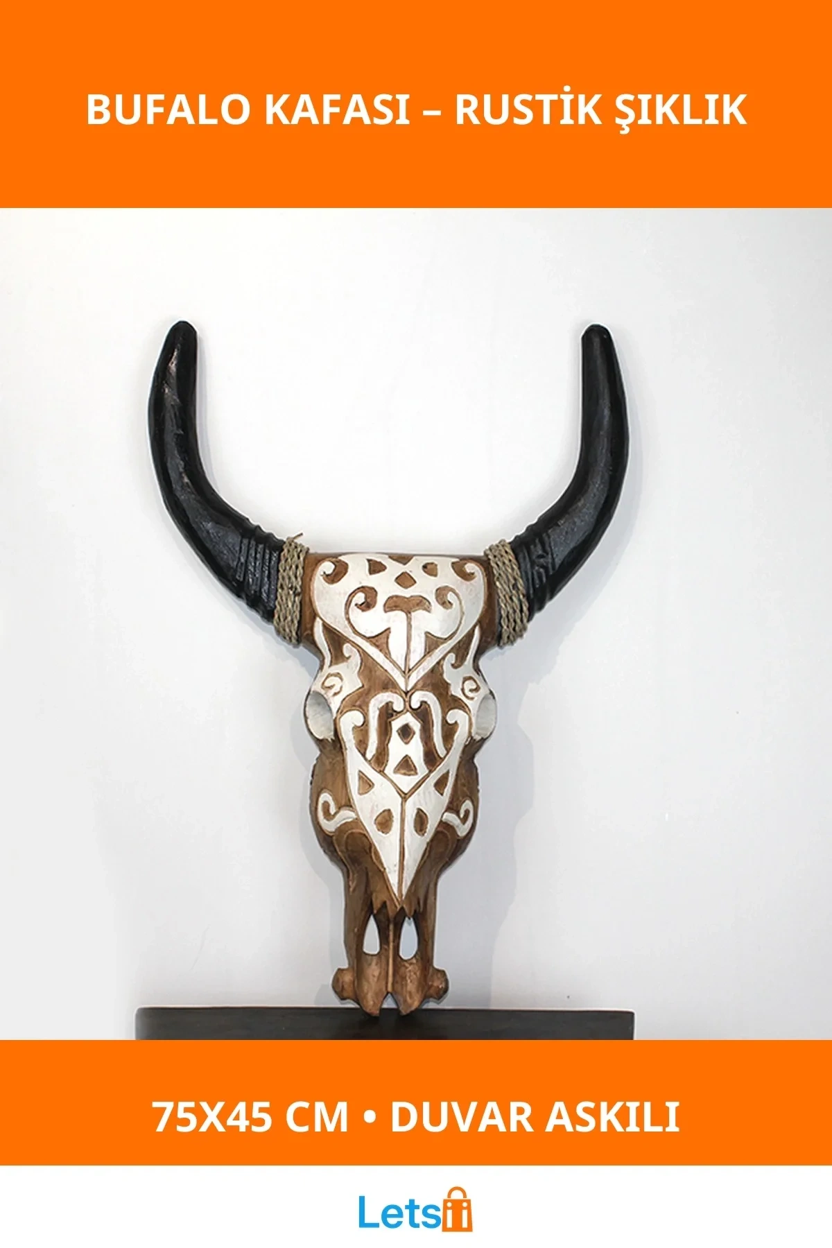 Duvara Asmalı Şık Bufalo Kafası 75x45 cm Beyaz Sarı Desenli