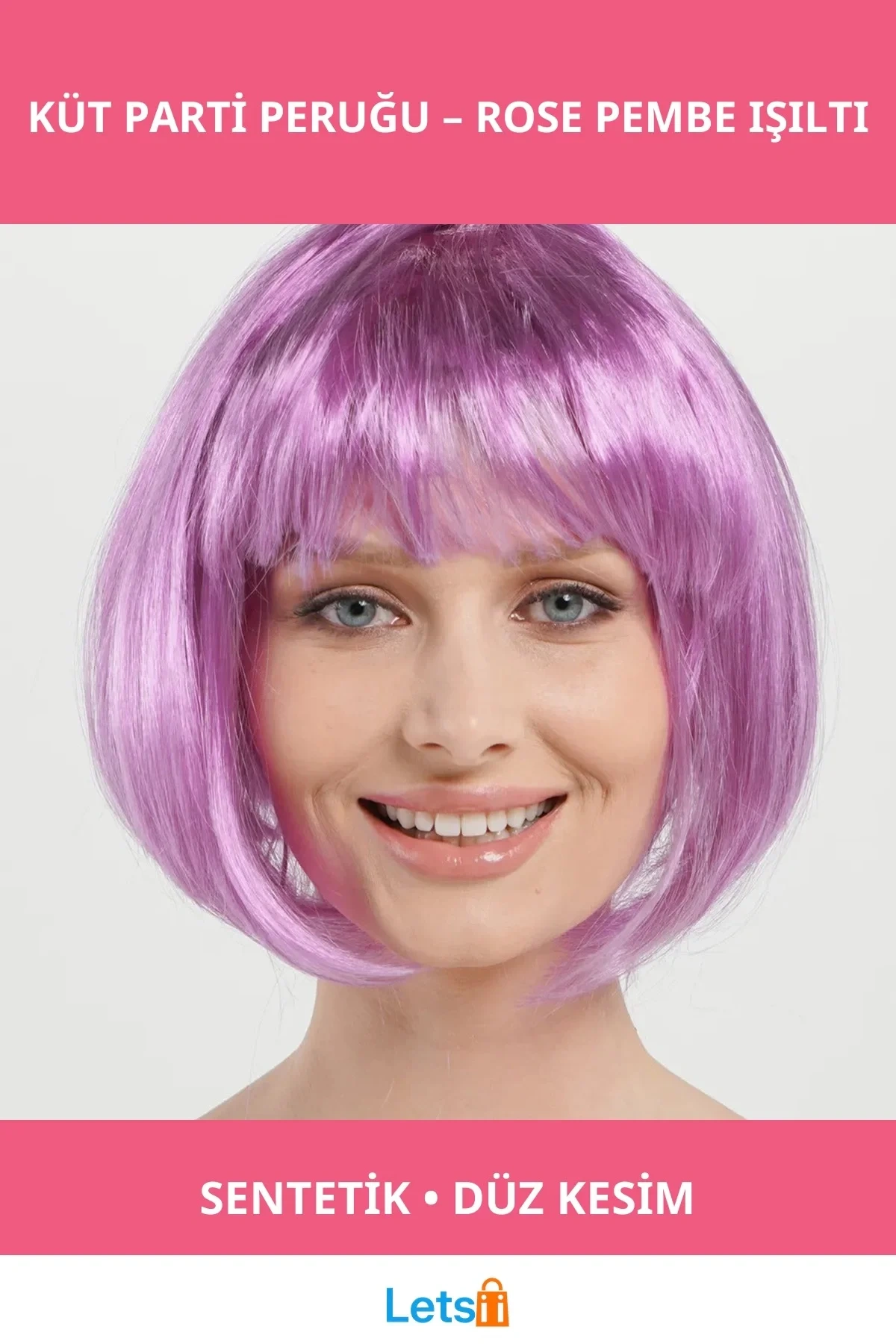 Düz Kesim Küt Parti Peruğu Rose Pembe Modern ve Şık