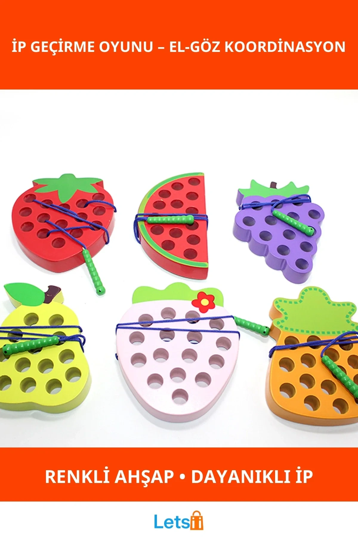 Eğitici Ahşap İp Geçirme Oyunu Renkli Motor Becerileri Geliştirici