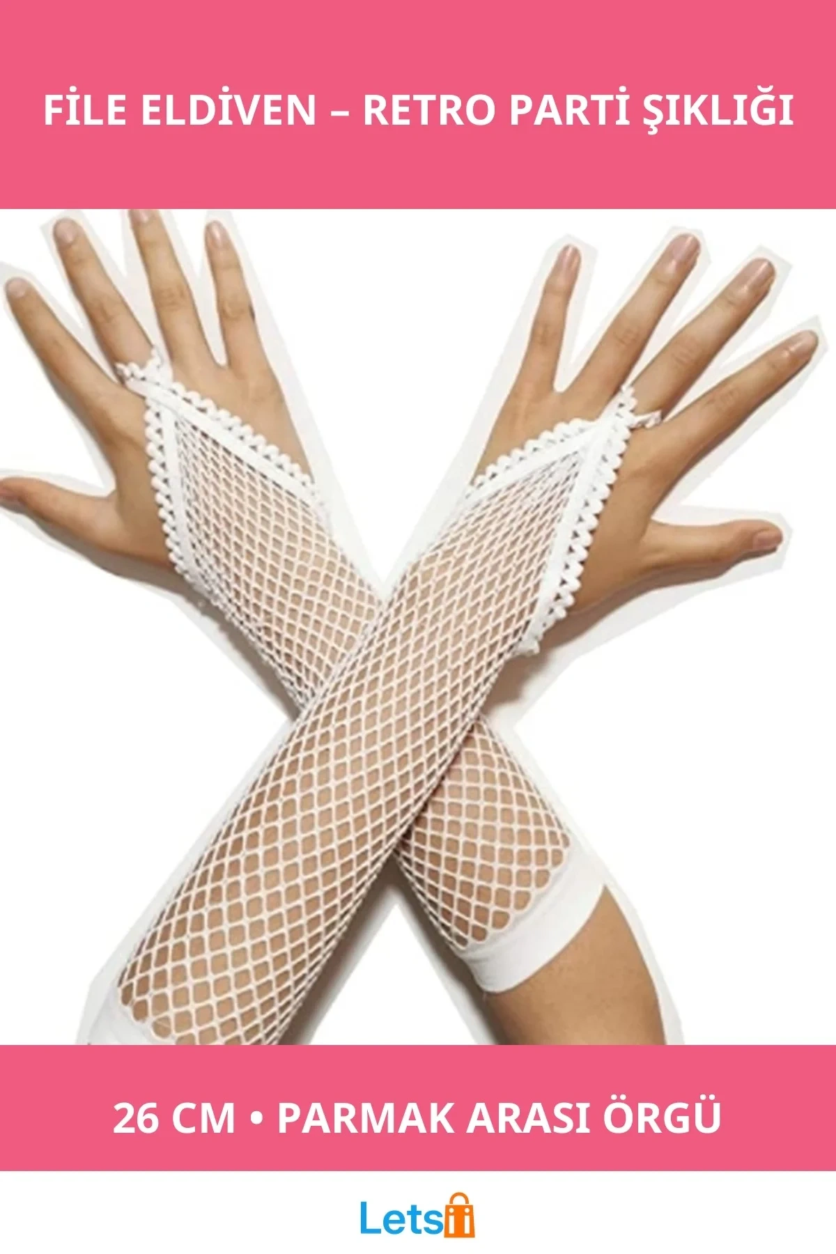 Eğlenceli Beyaz Örgü File Eldiven 26 cm