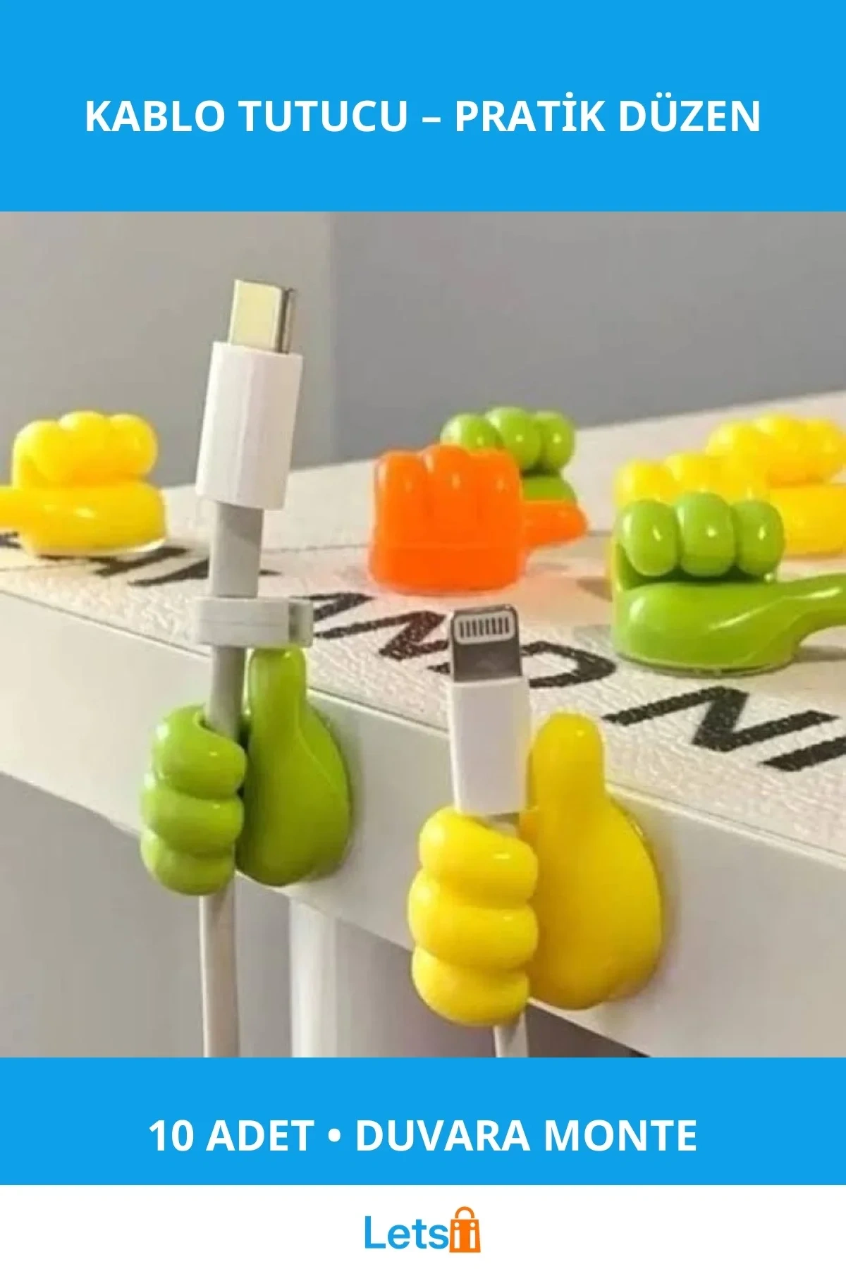 Eğlenceli El Şeklinde Kablo Tutucu 10 Adet Karışık Renk