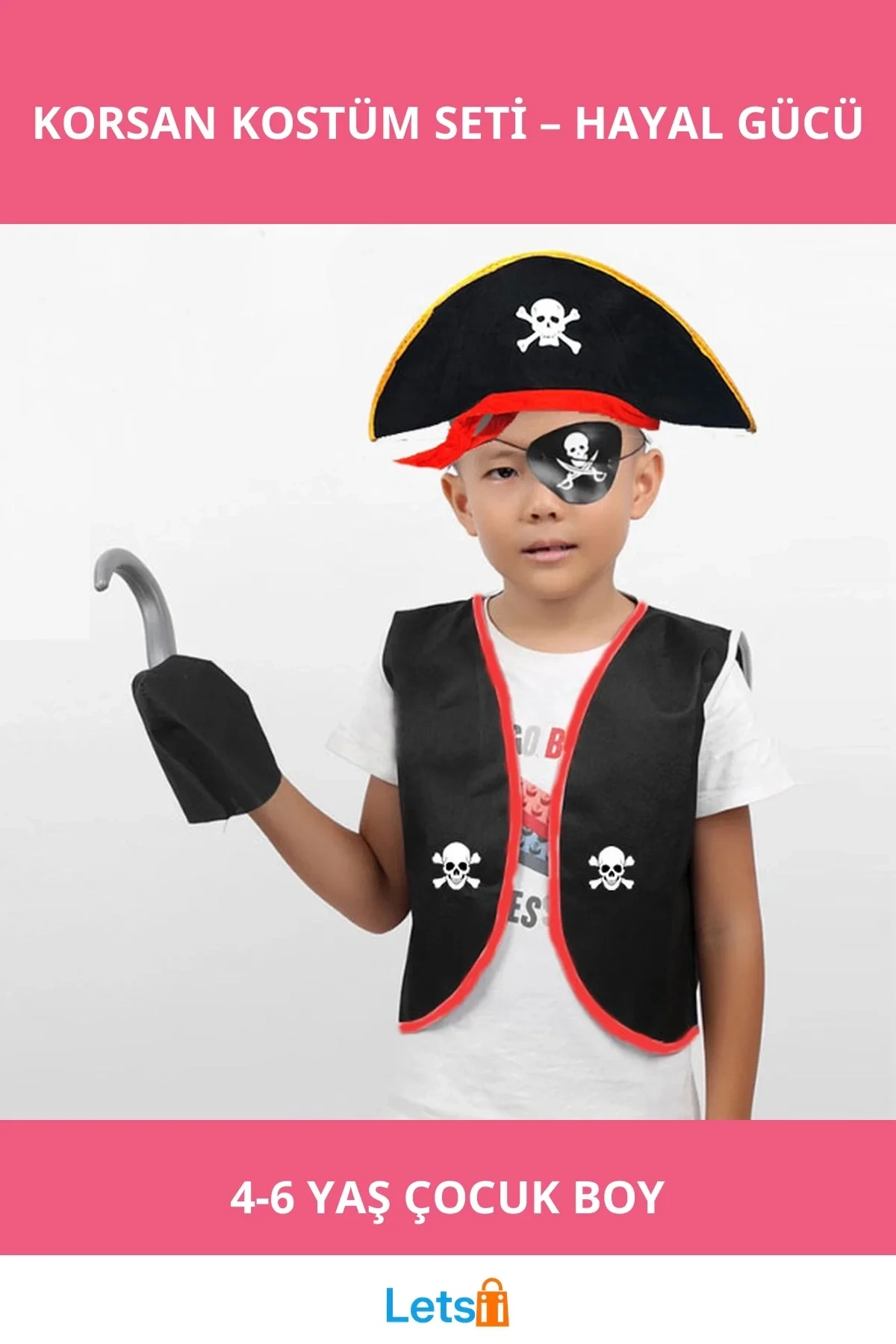 Eğlenceli Korsan Kostümü Çocuklar İçin 4 6 Yaş | Yelek, Şapka, Göz Bandı ve Kanca Aksesuarlı