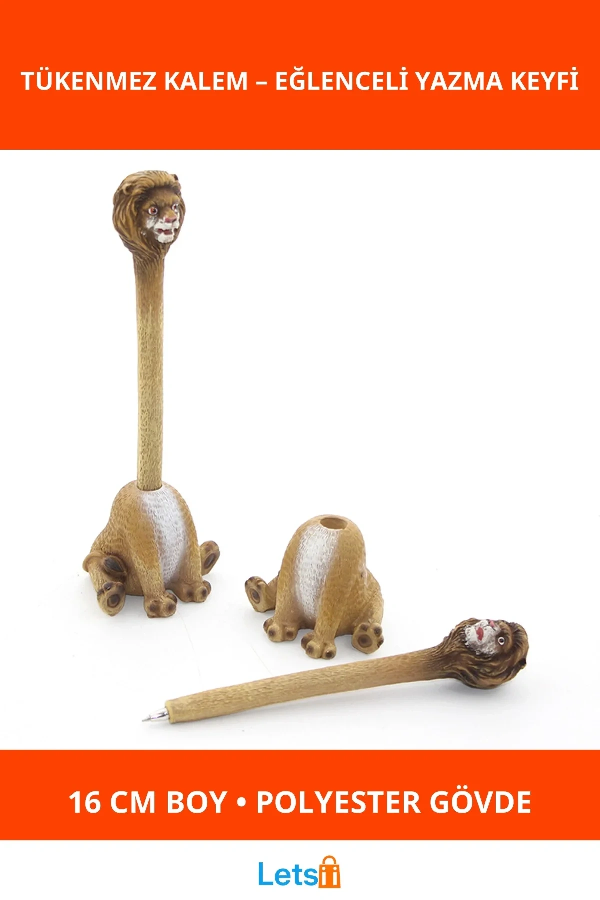 Eğlenceli Polyester Aslan Figürlü Tükenmez Kalem 16 cm