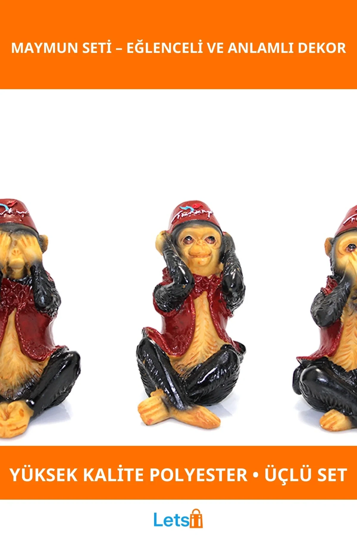 Eğlenceli Polyester Maymun Dekoratif Obje 3lü Set