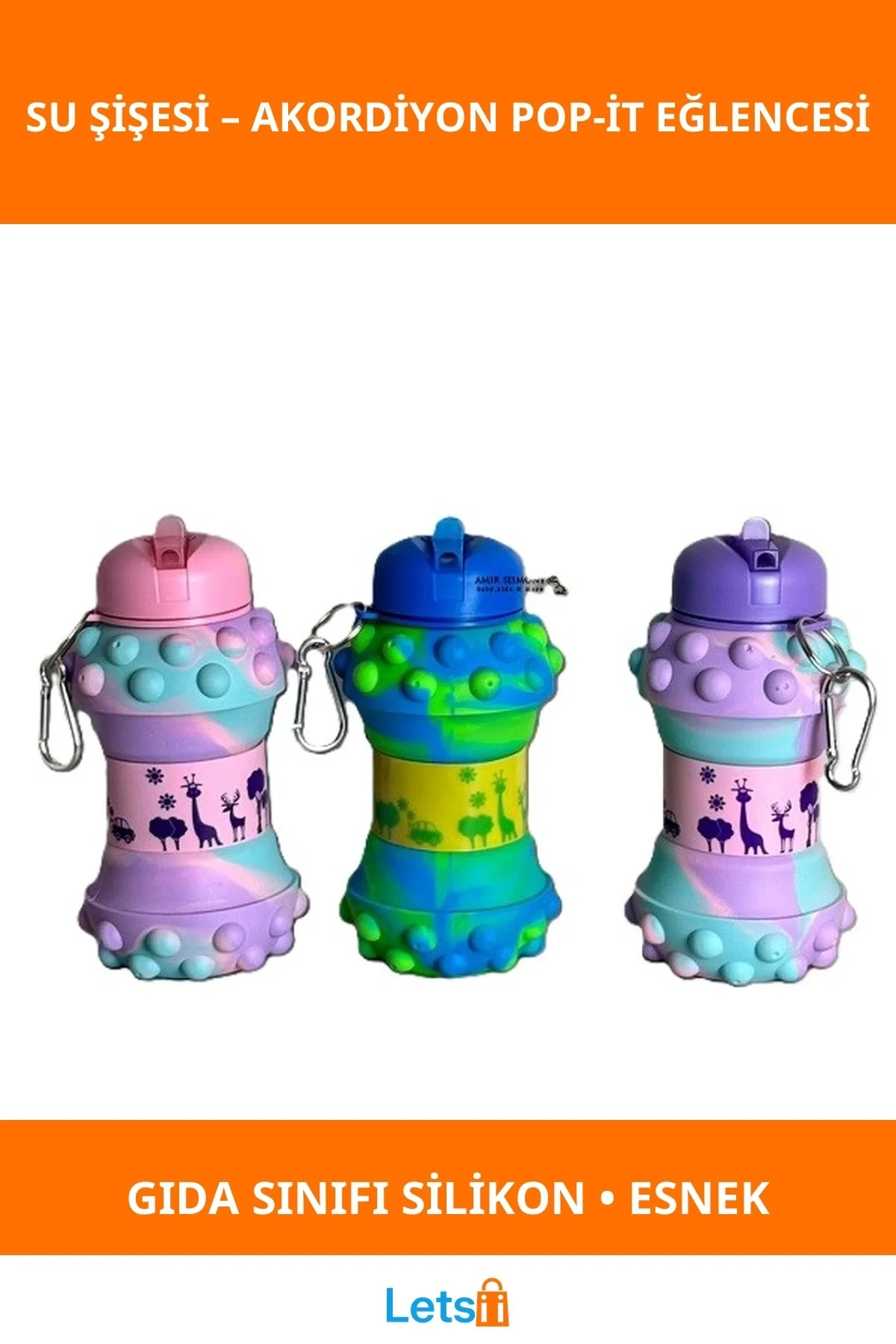 Eğlenceli Pop It Detaylı Katlanabilir Akordiyon Su Şişesi