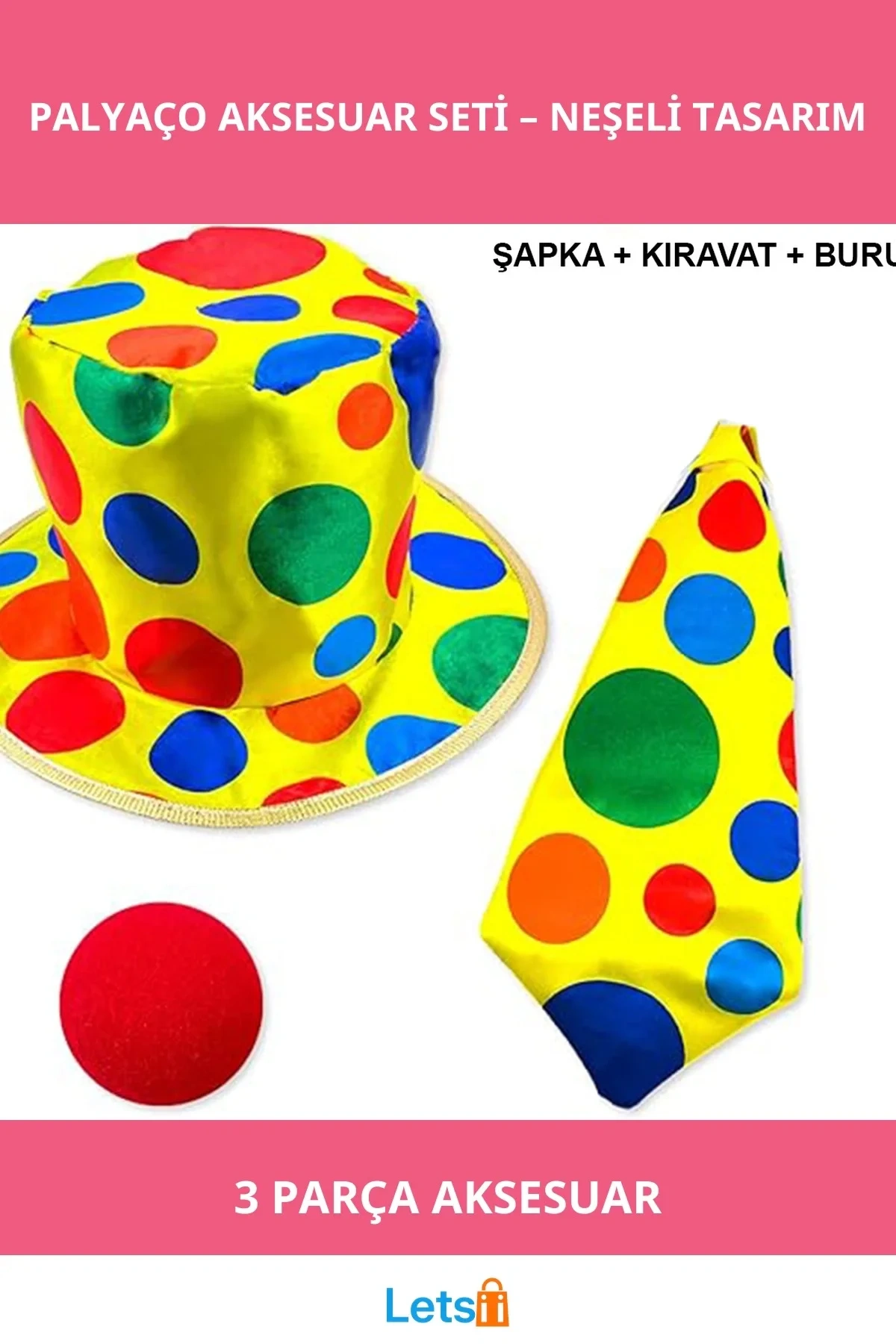 Eğlenceli Renkli Palyaço Kostüm Aksesuar Seti Şapka, Kravat, Burun