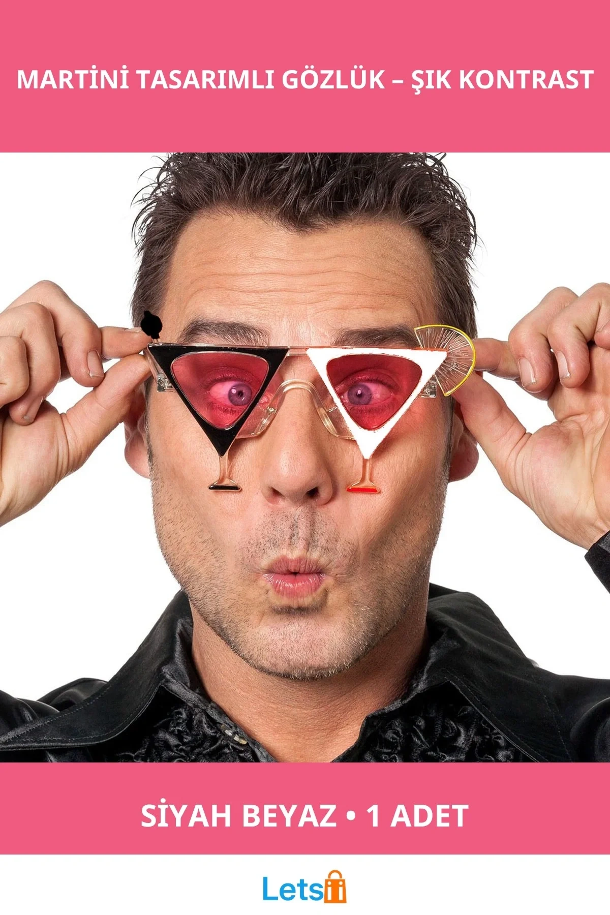 Eğlenceli Siyah Beyaz Renk Martini Tasarımlı Parti Gözlüğü