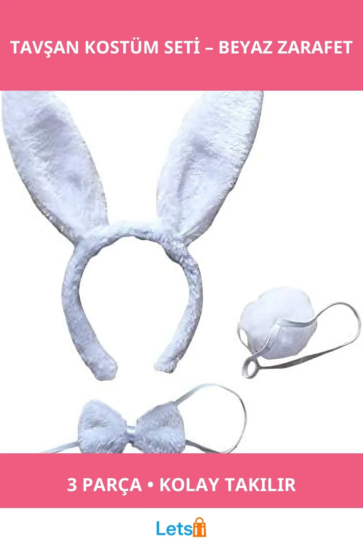 Eğlenceli Tavşan Taç Papyon Kuyruk Beyaz Renk Kostüm Takımı