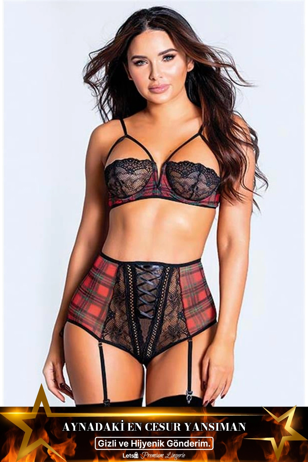 Ekose Desenli Yüksek Bel Fantezi Jartiyer Takımı Standart Renk