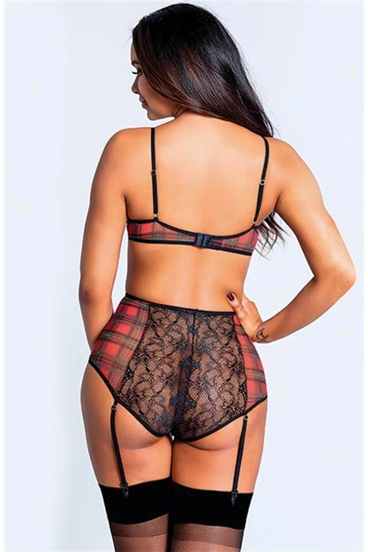 Ekose Desenli Yüksek Bel Fantezi Jartiyer Takımı Standart Renk