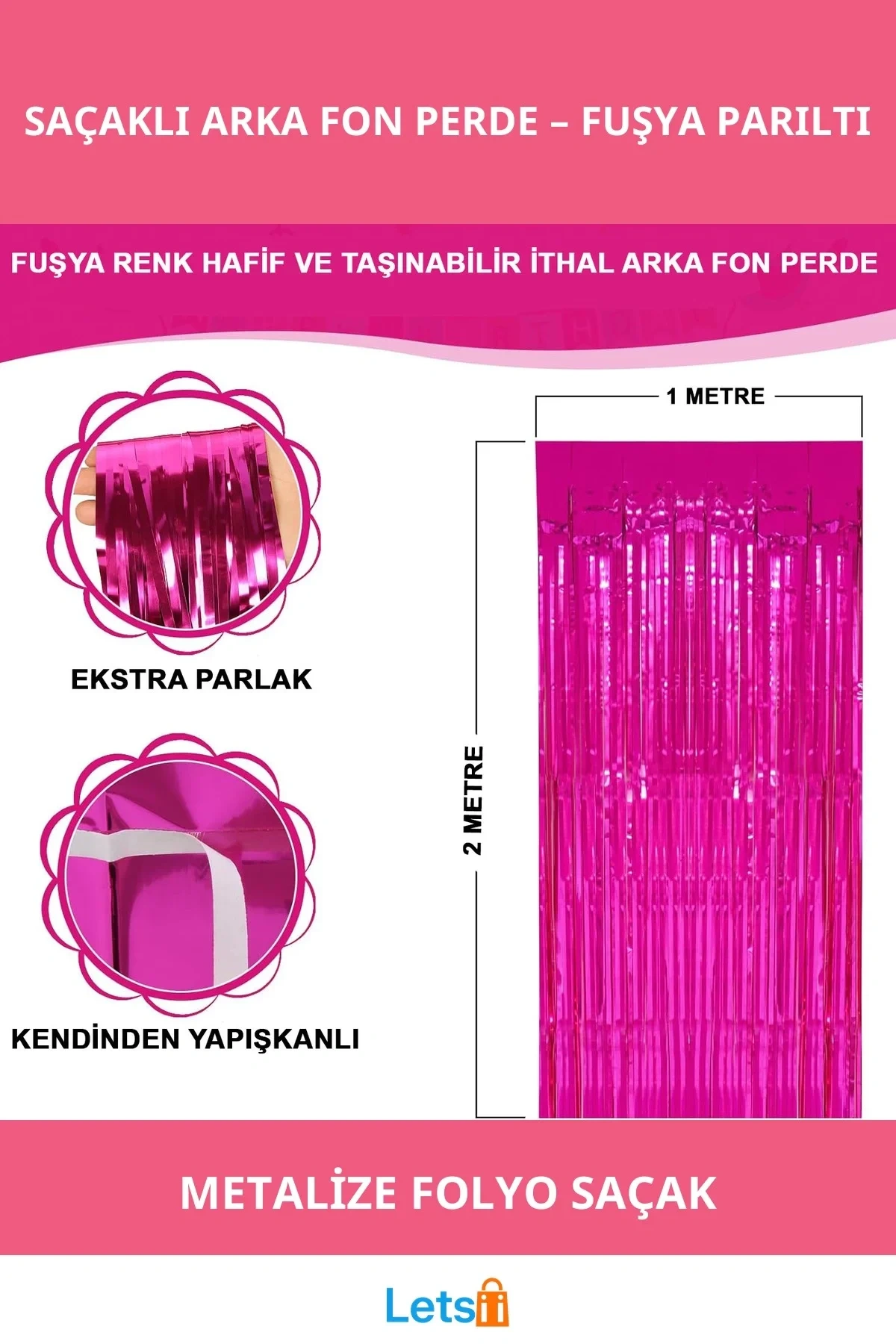 Ekstra Metalize Parlak Saçaklı Arka Fon Perde Fuşya 1x2 Metre