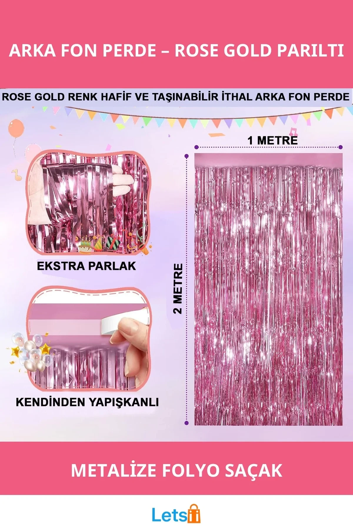 Ekstra Metalize Parlak Saçaklı Arka Fon Perde Rose Gold