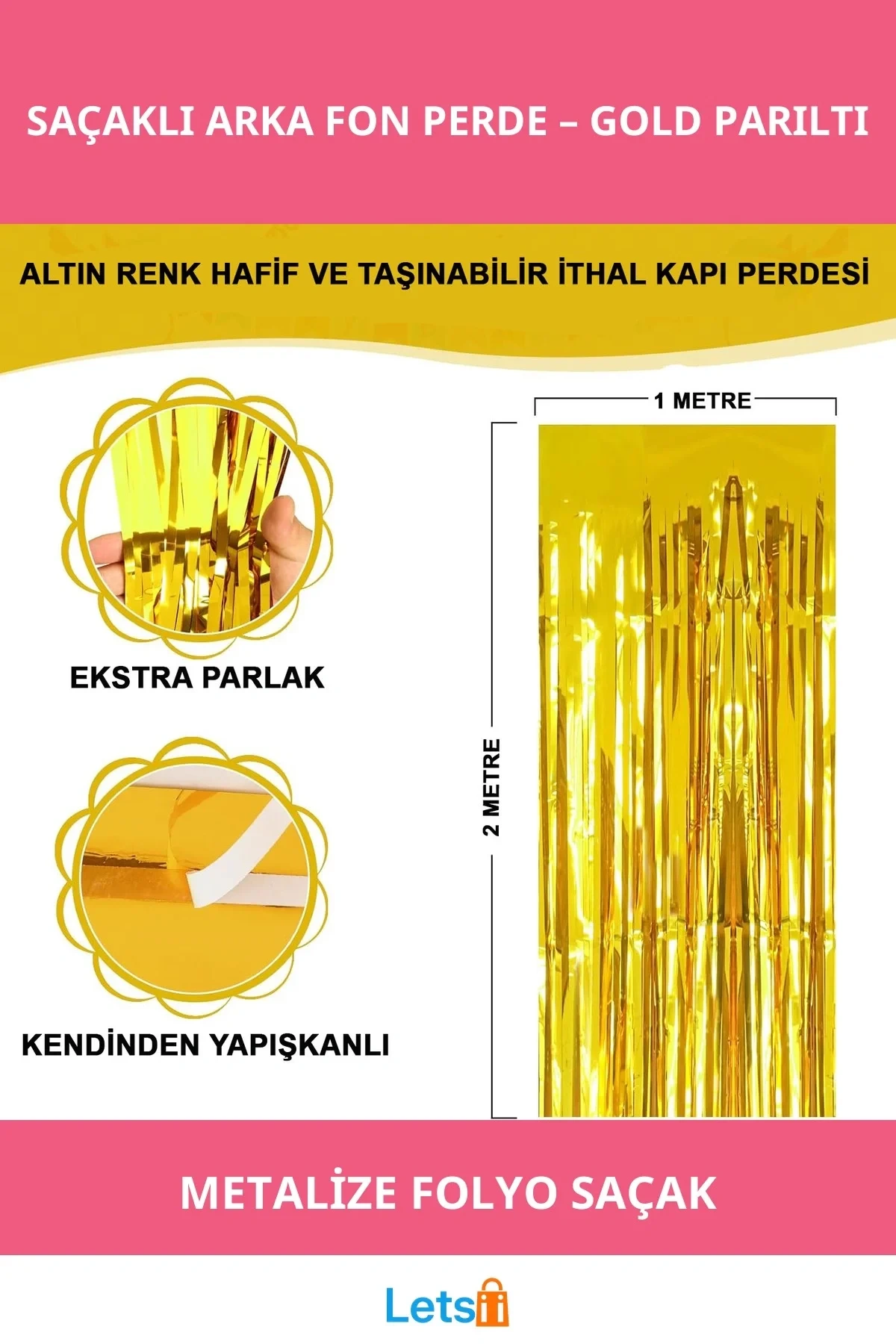 Ekstra Metalize Parlak Saçaklı Gold Arka Fon Perde
