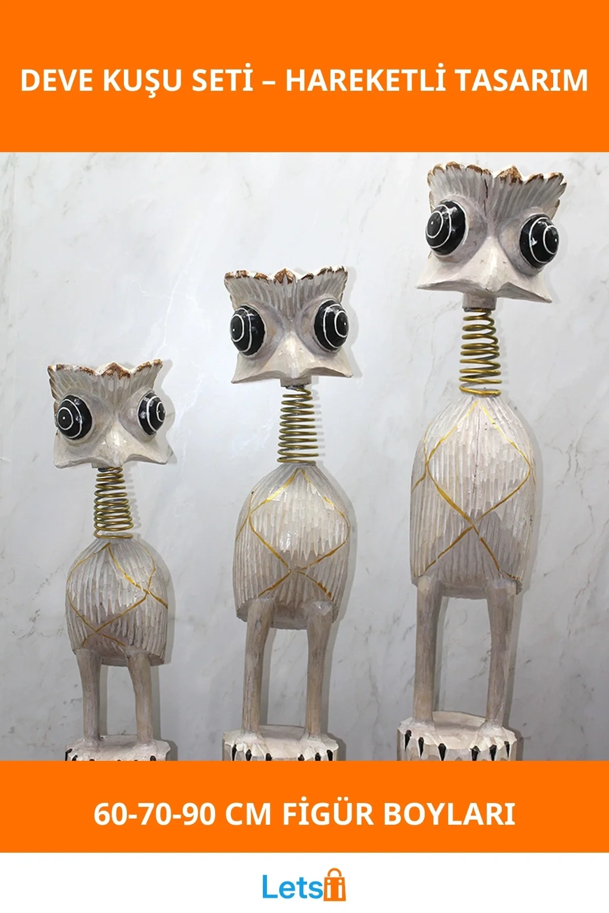 El Boyaması Ahşap 3lü Deve Kuşu Figür Seti 60 70 90 cm