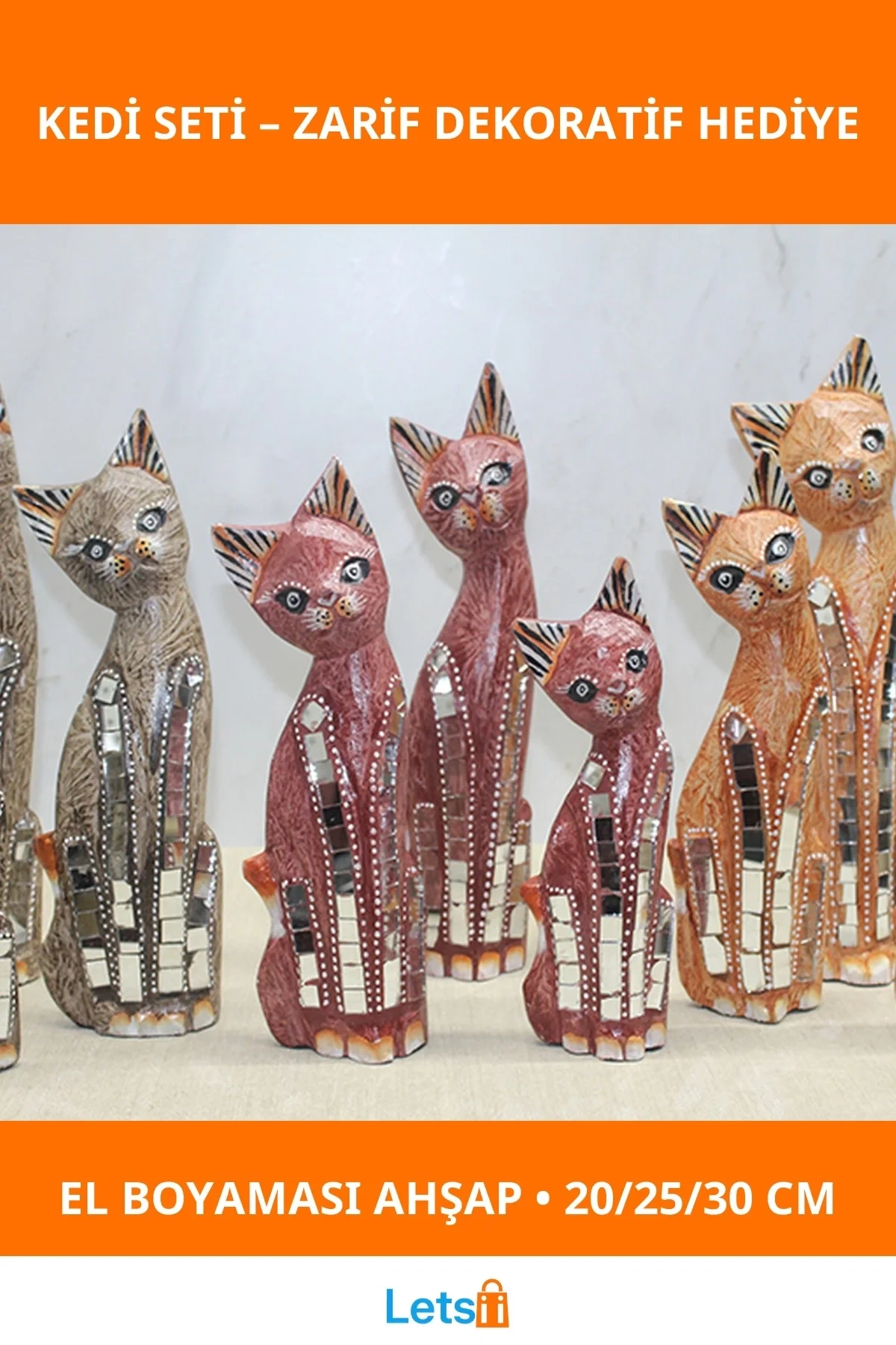 El Boyaması Ahşap 3lü Kedi Figürleri 20 cm, 25 cm, 30 cm Set