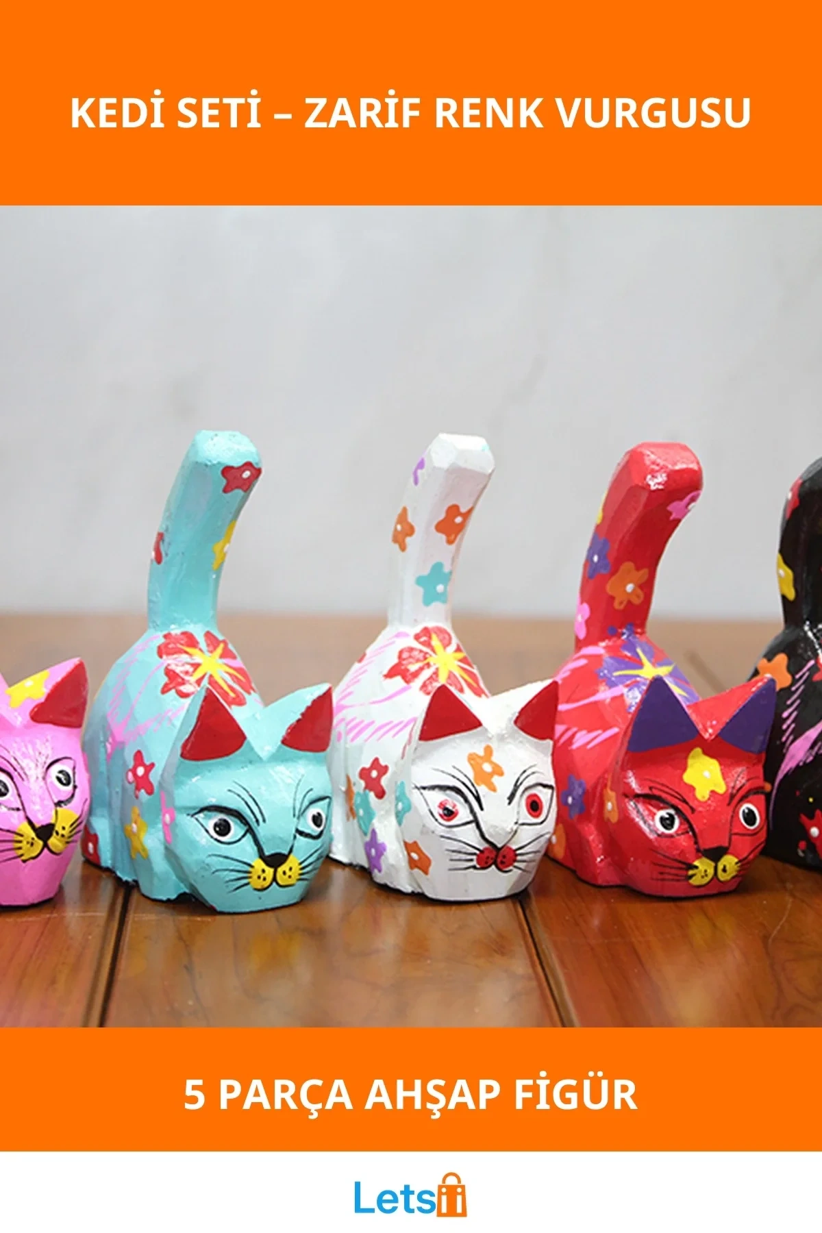 El Boyaması Ahşap 5li Kedi Figürü Takımı