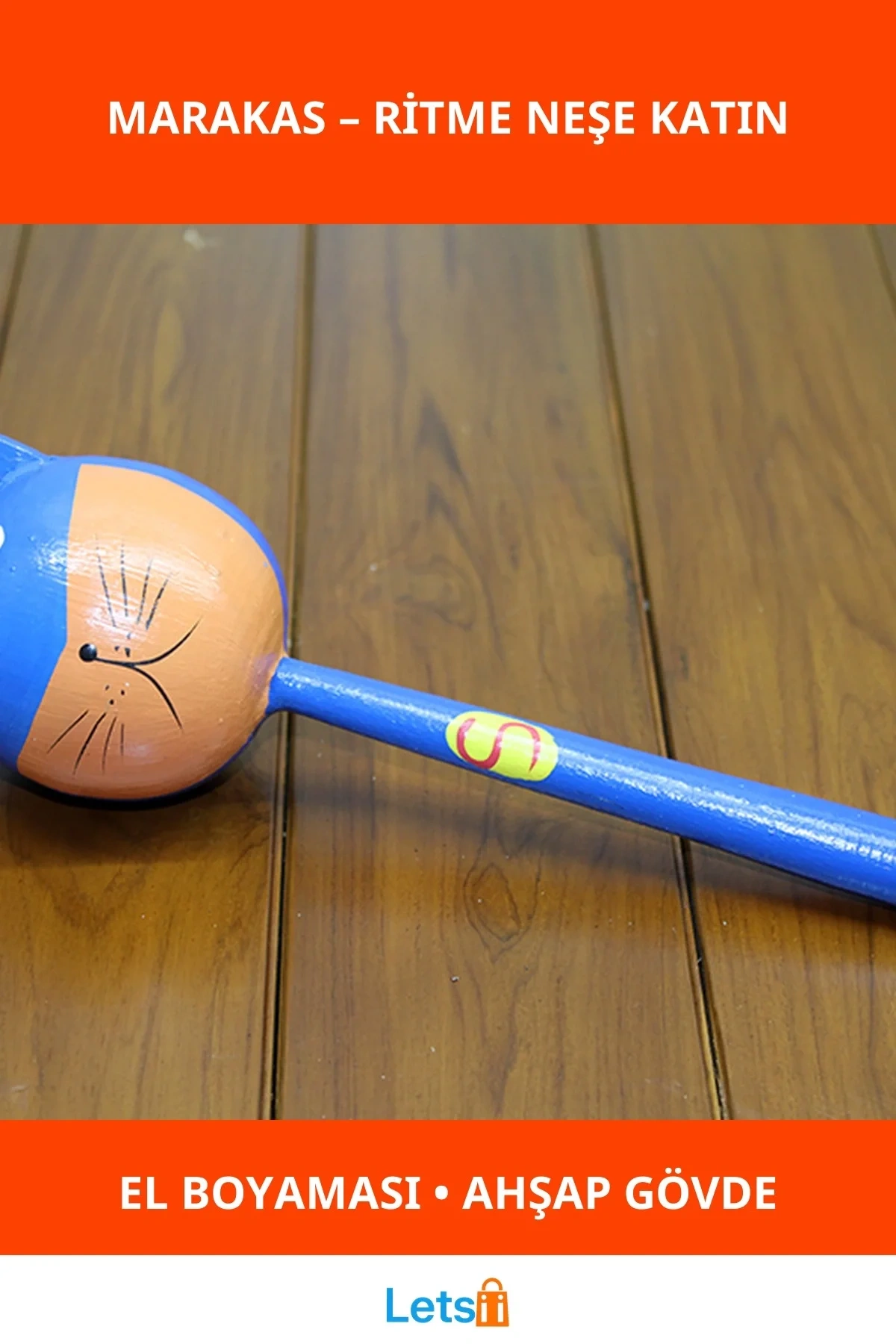 El Boyaması Ahşap Kedili Marakas Tekli Eğlenceli Müzik Aleti