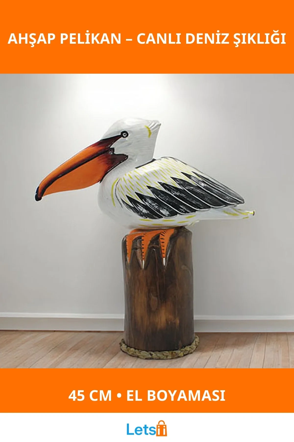 El Boyaması Ahşap Pelikan 45 Cm Dekoratif Figür