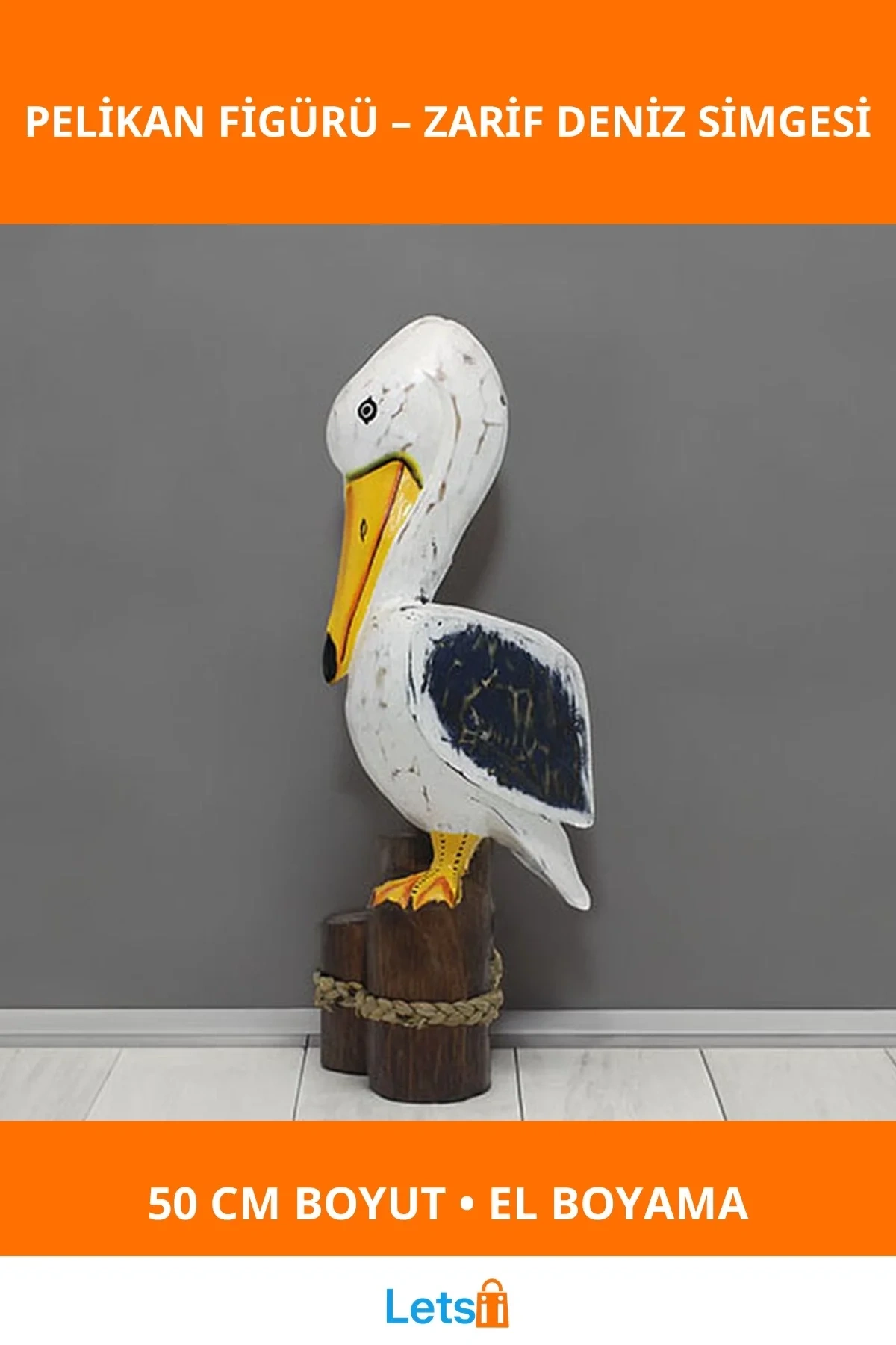 El Boyaması Ahşap Pelikan 50 Cm Dekoratif Figür