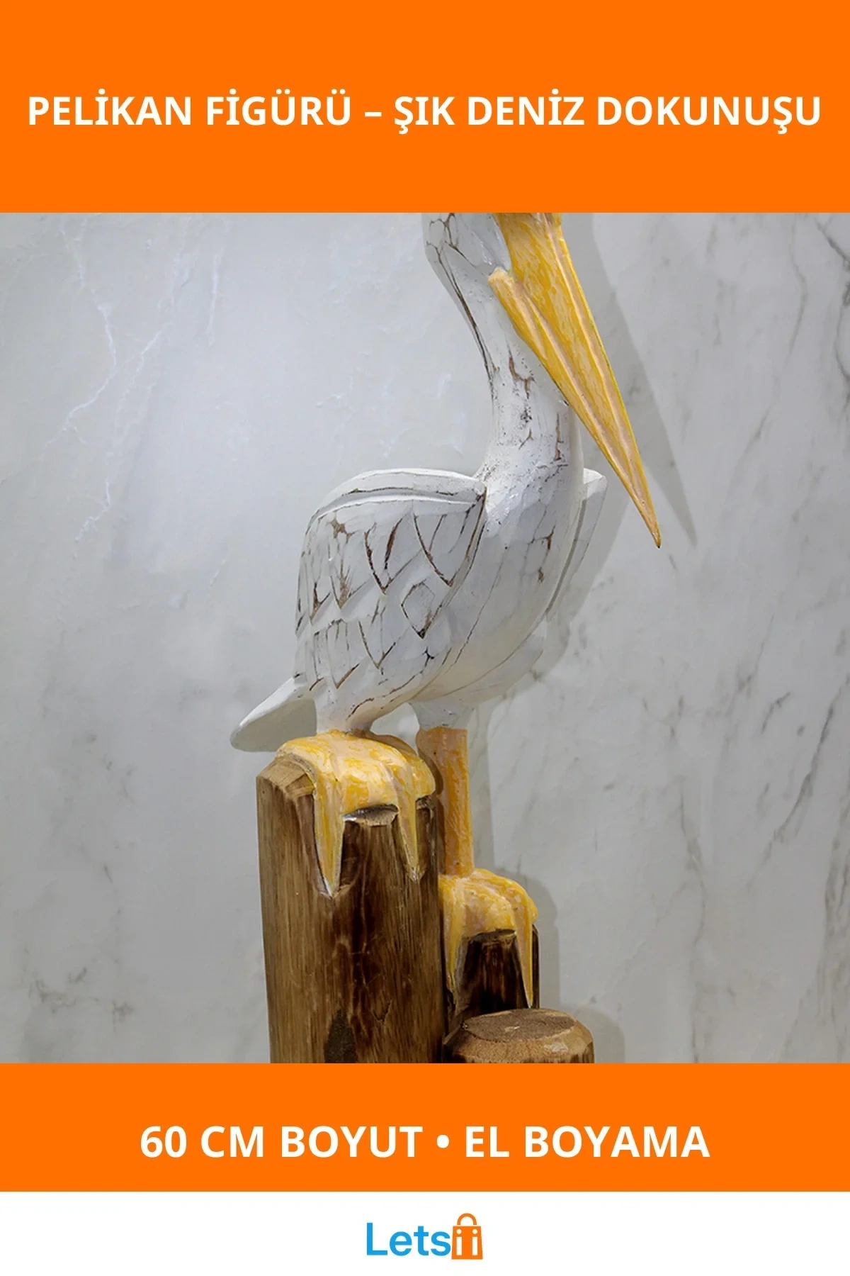 El Boyaması Ahşap Pelikan 60 Cm Dekoratif Figür