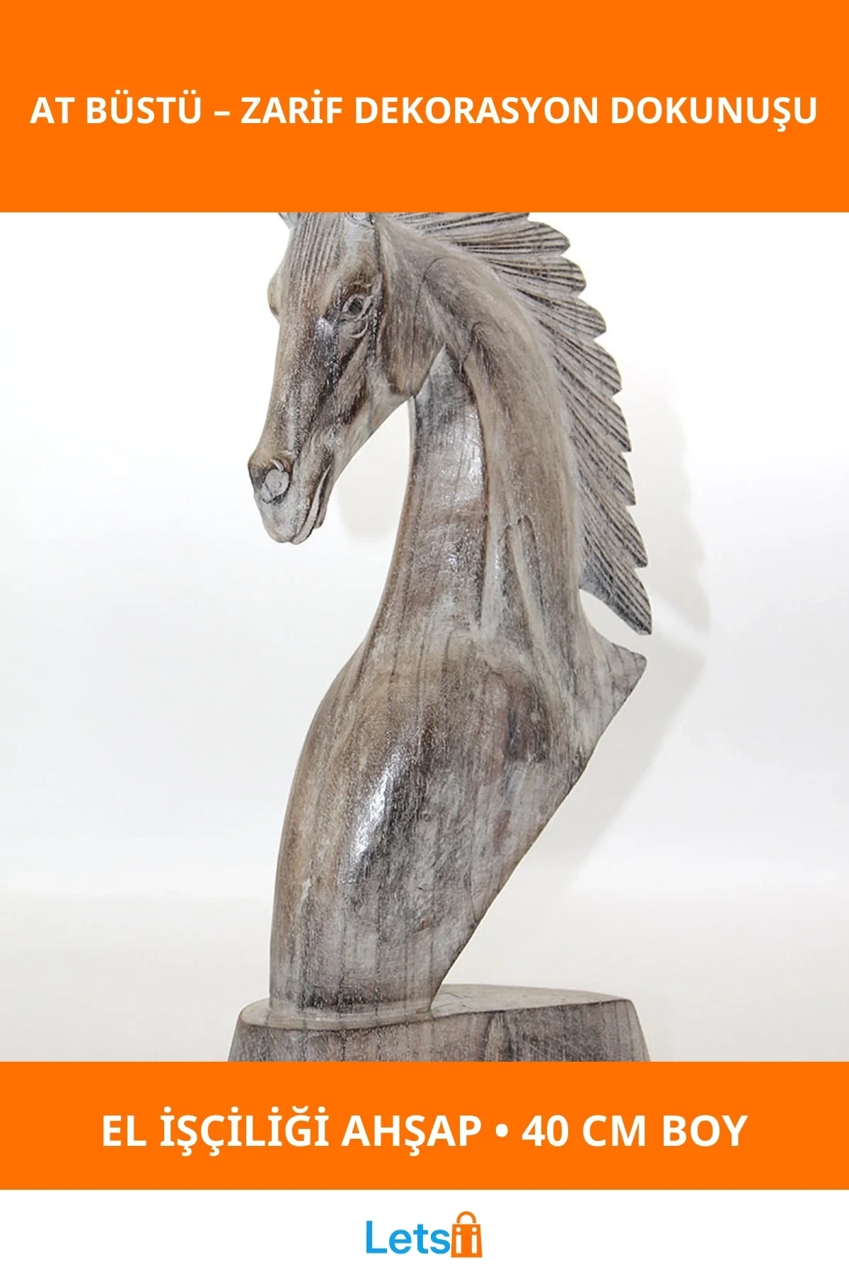 El İşçiliği Ahşap At Büstü 40 cm Dekoratif Obje