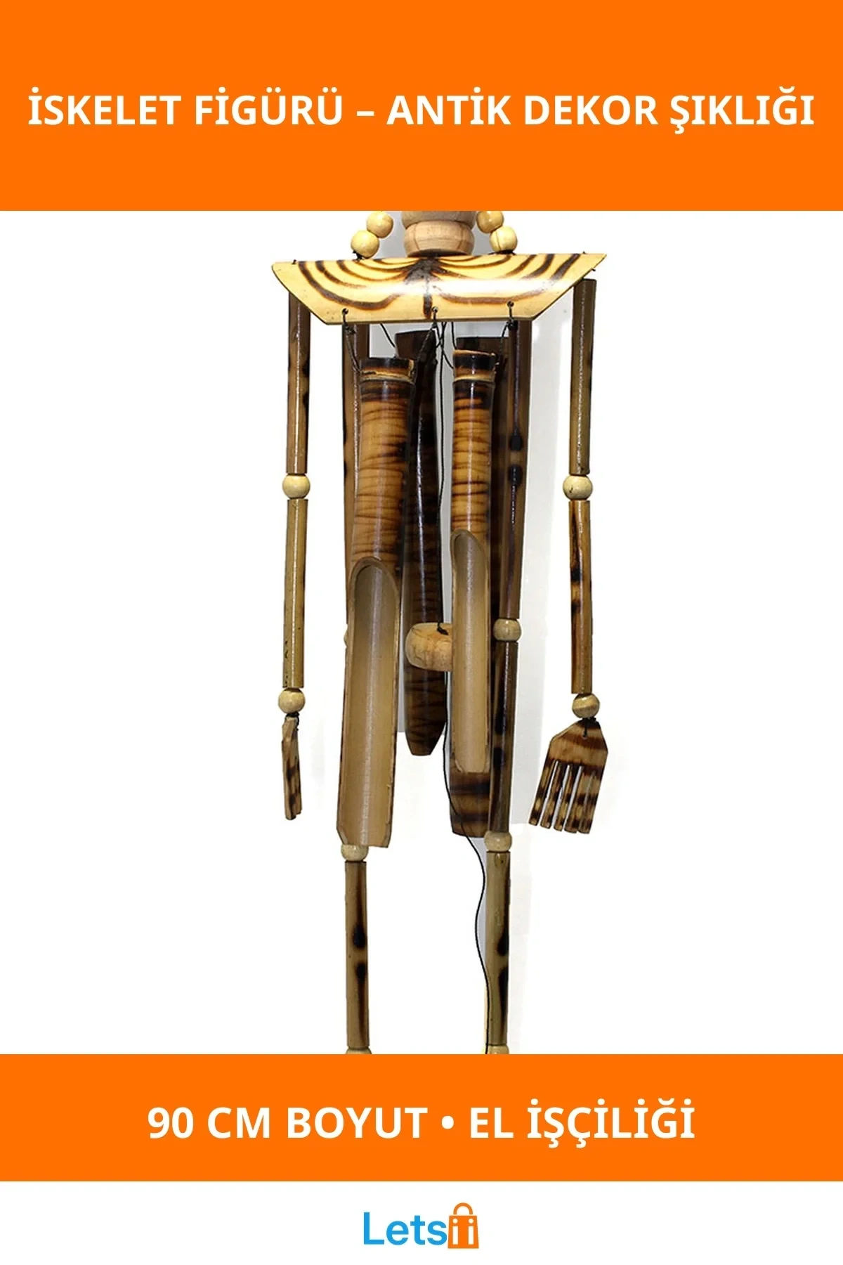 El İşçiliği Ahşap İskelet Figürü 90 cm Antik Dekorasyon