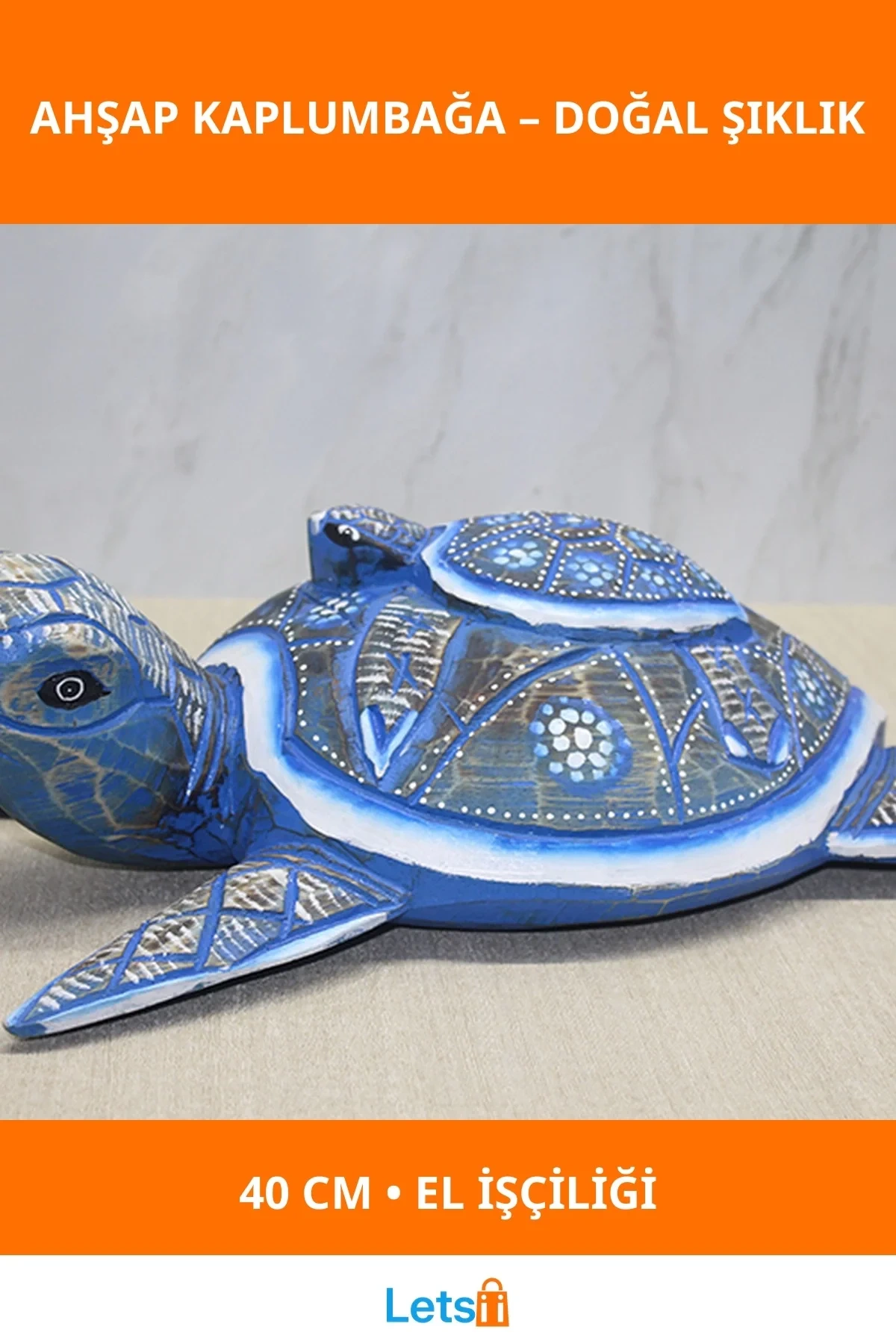 El İşçiliği Ahşap Kaplumbağa Figürü 40 cm Mavi Renk