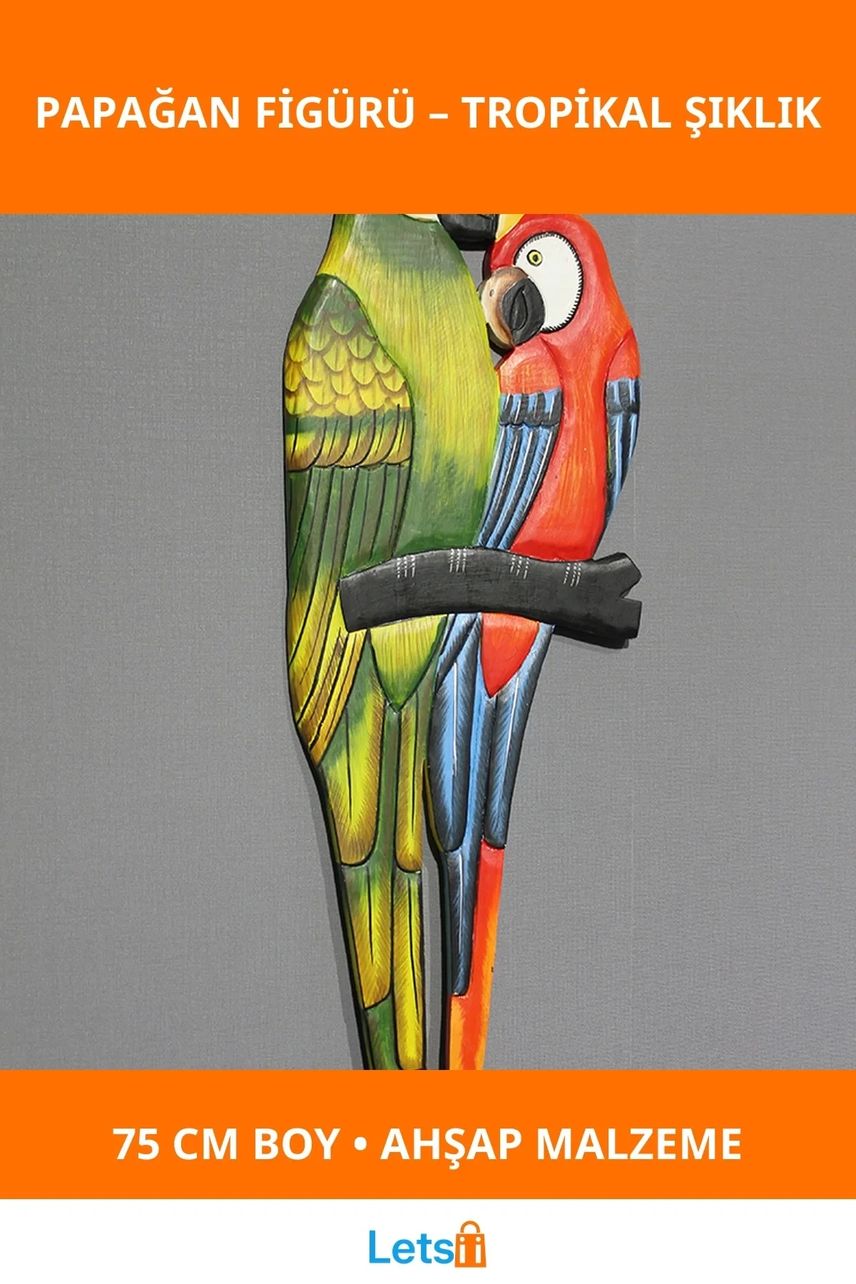 El İşçiliği ile Üretilmiş Ahşap Duvara Asmalı 2li Papağan Figürü 75 cm