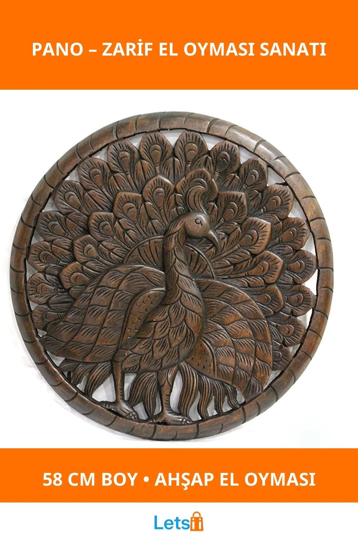 El Oyması Ahşap Duvara Asmalı Pano 58 cm Ganesha ve Tavuskuşu Desenli