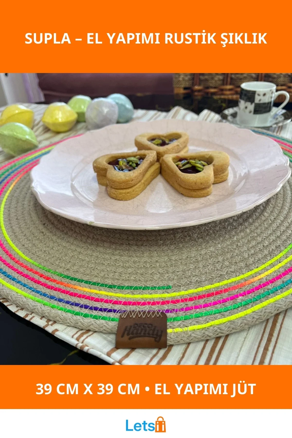 El Yapımı 39cm Neon Renkli Jüt Örme Supla Amerikan Servis