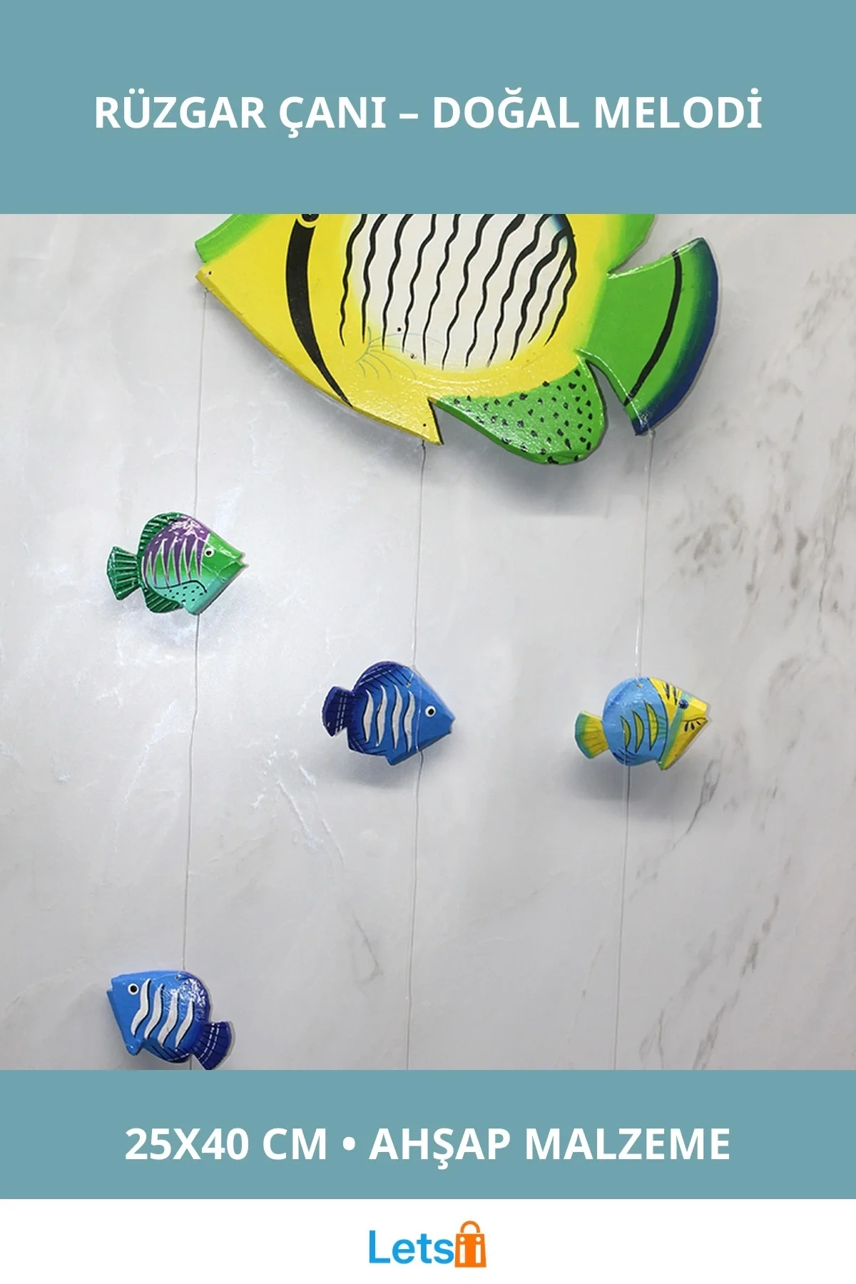 El Yapımı Ahşap Balıklı Rüzgar Çanı 25x40 cm