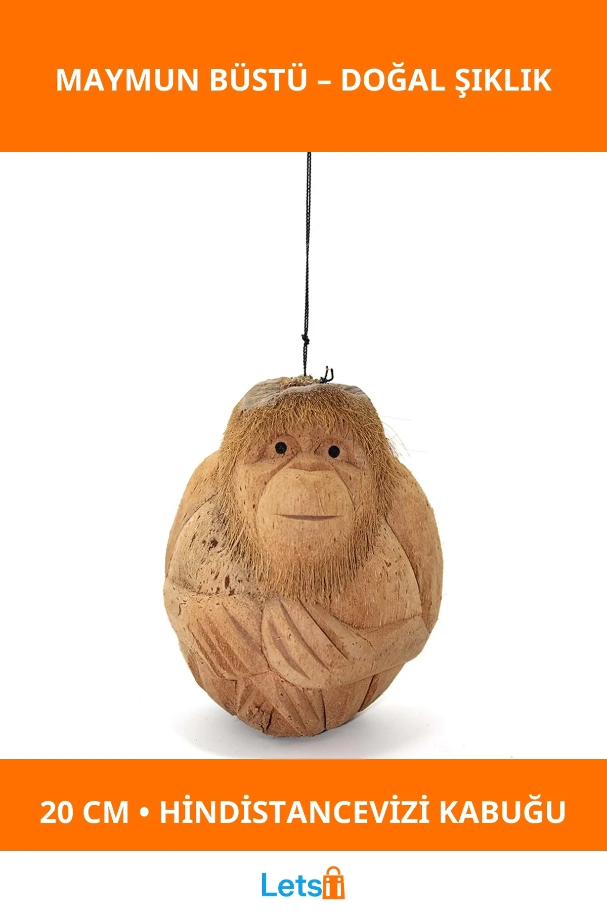 El Yapımı Doğal Hindistancevizi Kabuklu Sevimli Maymun Büstü 20 cm