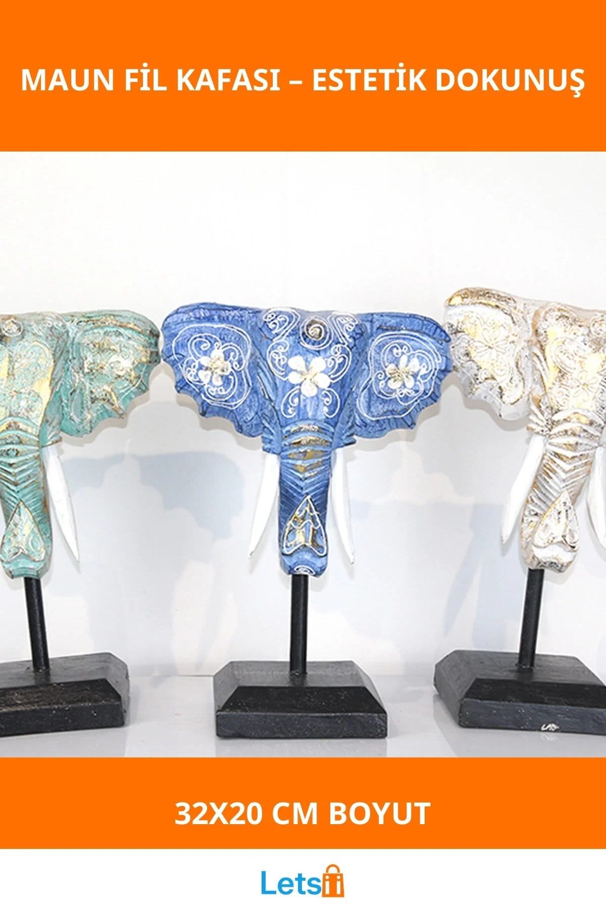 El Yapımı Maun Ağacı Fil Kafası Dekoratif 32x20 cm