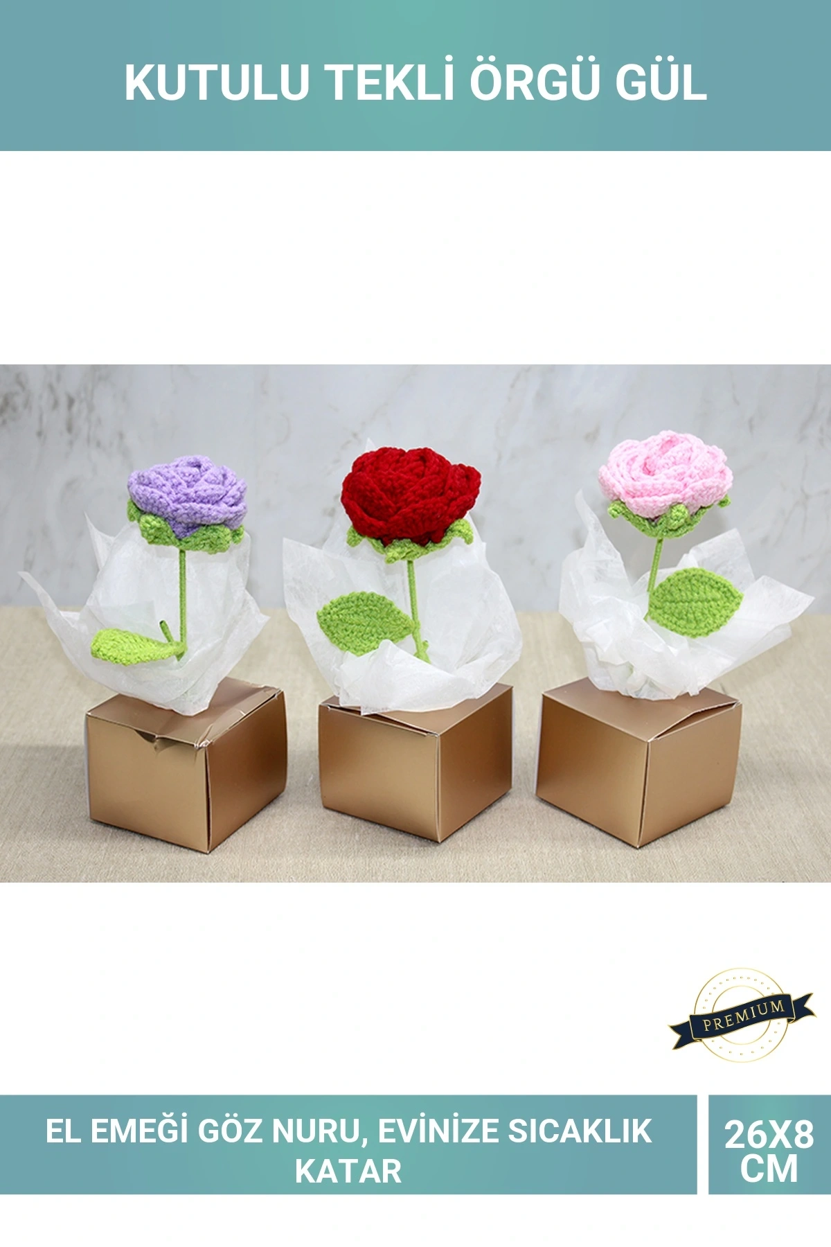El Yapımı Örgü Gül Kutulu Tekli Dekoratif Gül