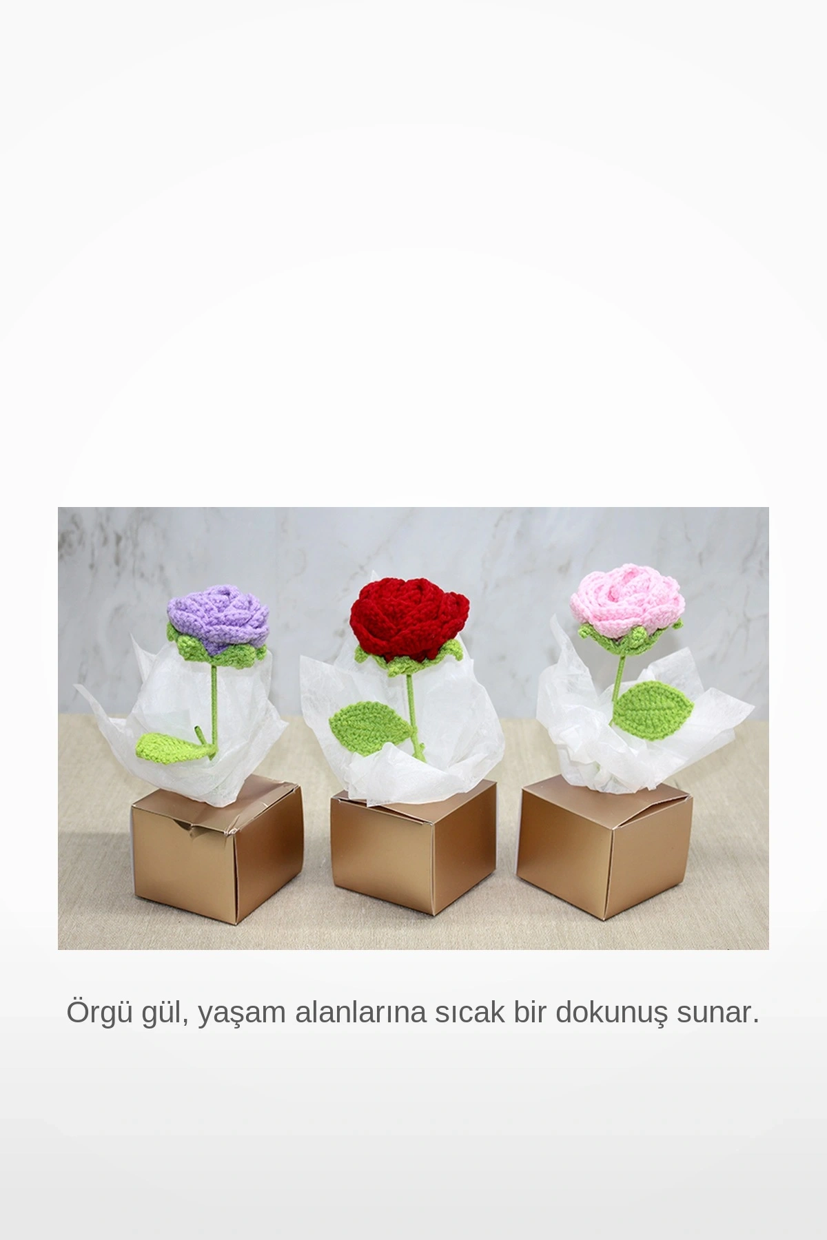El Yapımı Örgü Gül Kutulu Tekli Dekoratif Gül