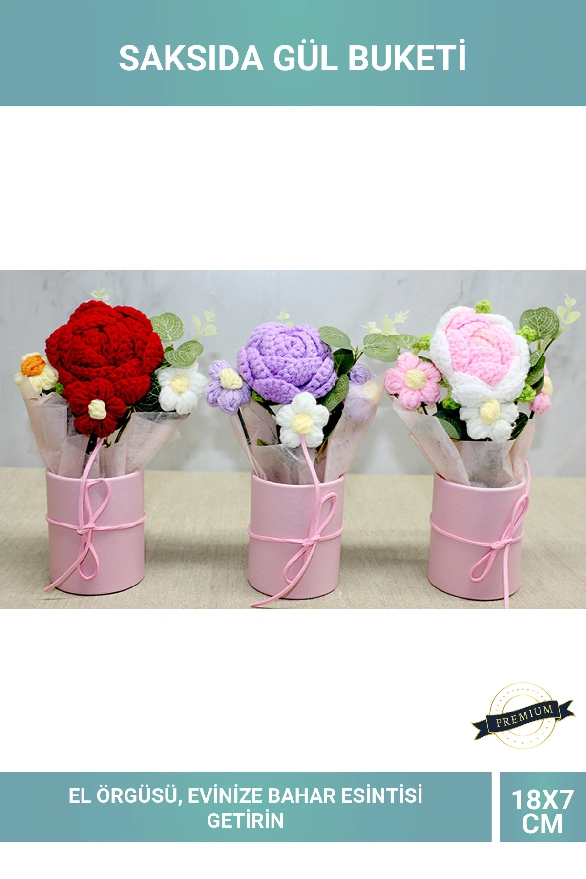 El Yapımı Örgü Saksıda Gül Buketi Pembe Tonlarda Dekoratif Çiçek Aranjmanı