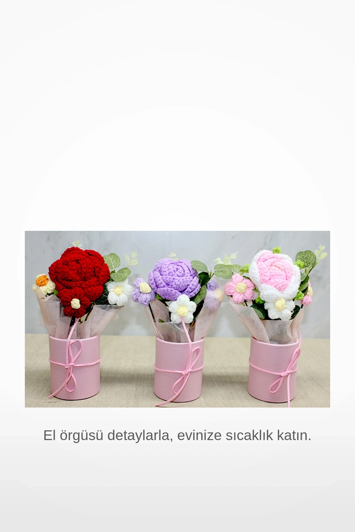 El Yapımı Örgü Saksıda Gül Buketi Pembe Tonlarda Dekoratif Çiçek Aranjmanı