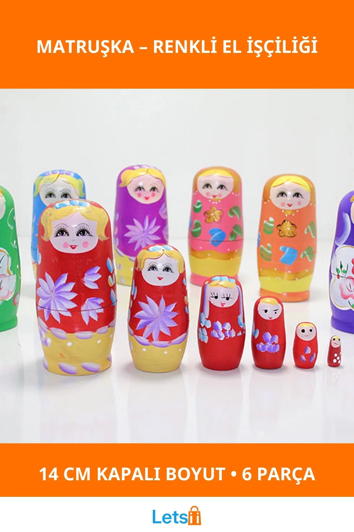 El Yapımı Renkli Ahşap 6lı Matruşka Seti